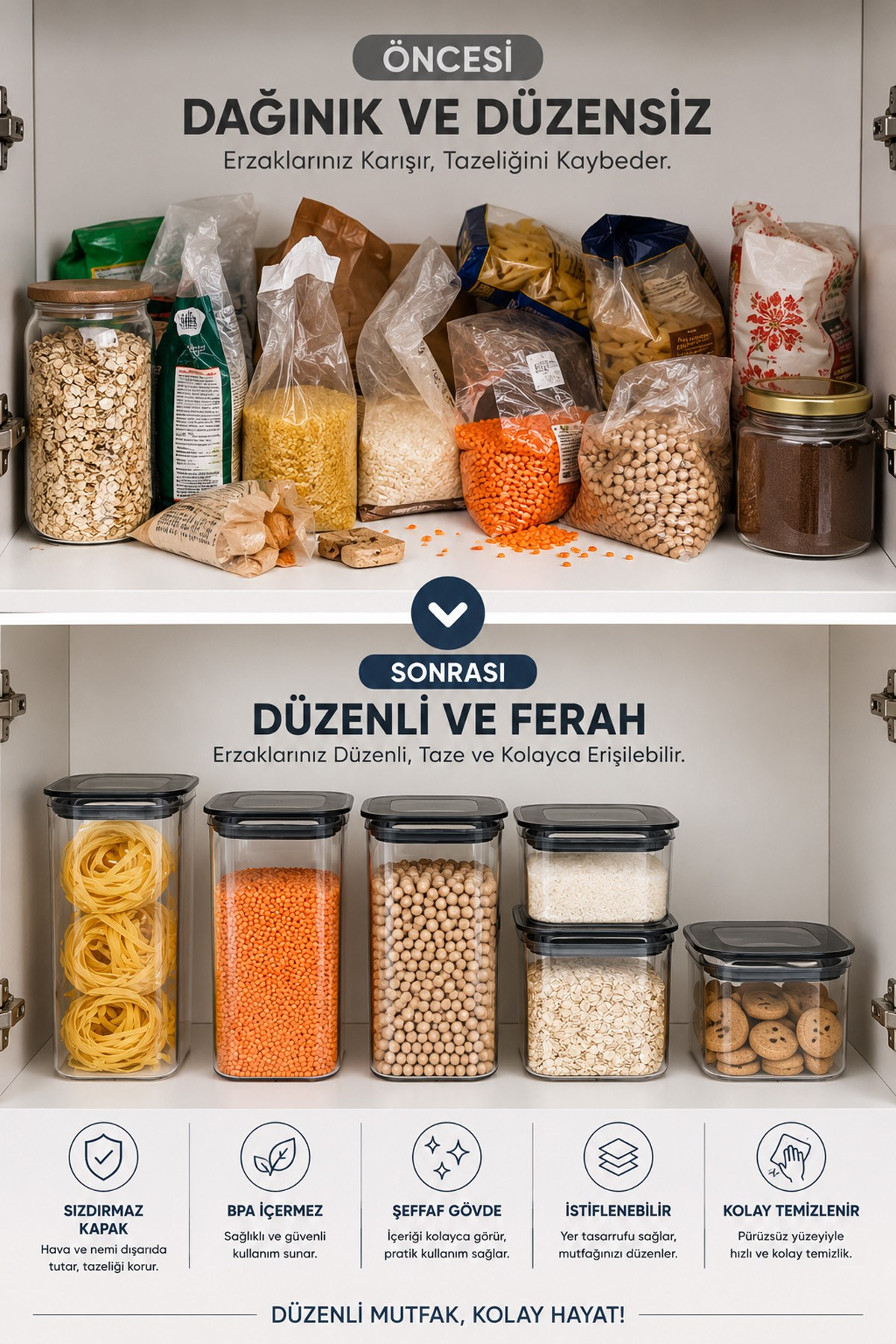 3'lü Kare Erzak Saklama Kabı Seti Kapaklı Şeffaf Gıda Saklama Kabı Mutfak Organizeri