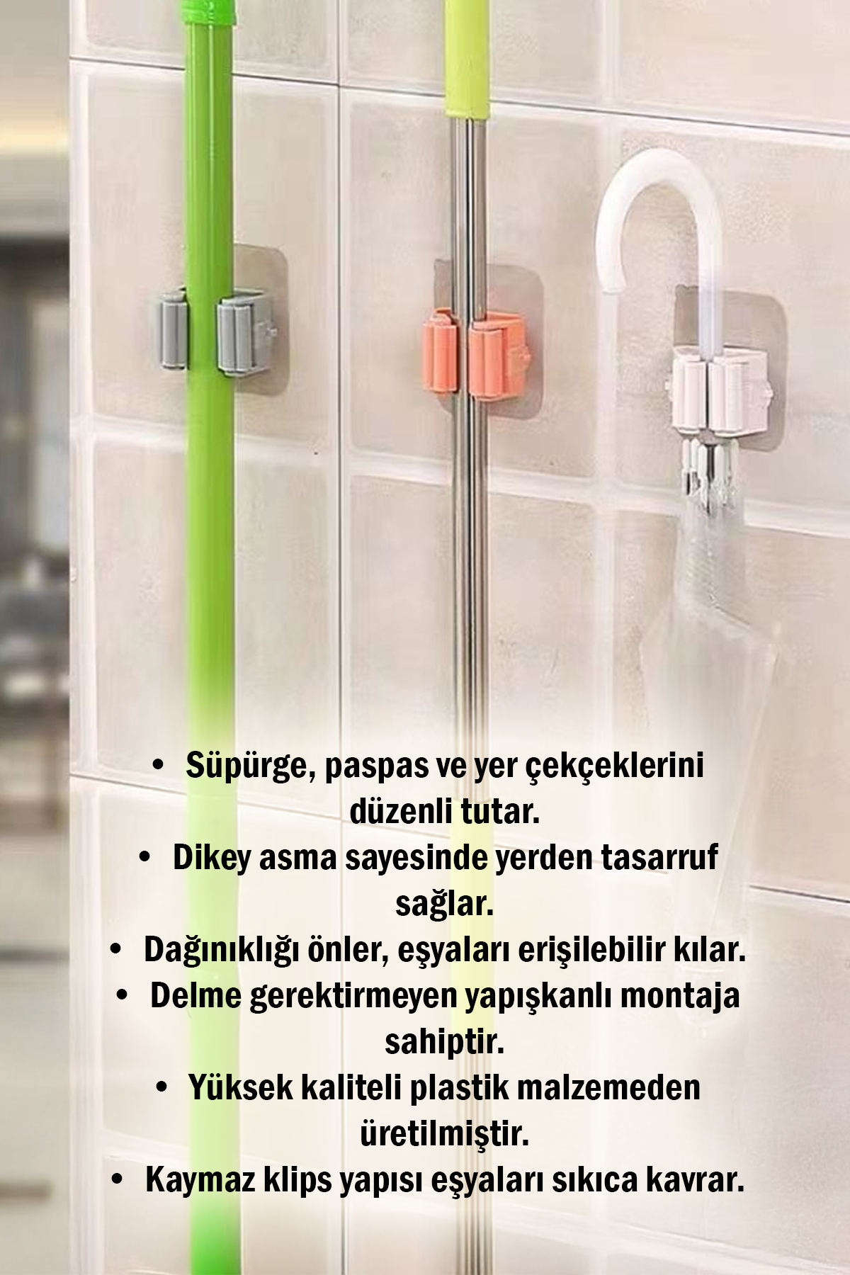 3'lü Yapışkanlı Mop Askısı Süpürge Paspas Tutucu Duvar Organizer Askı Seti