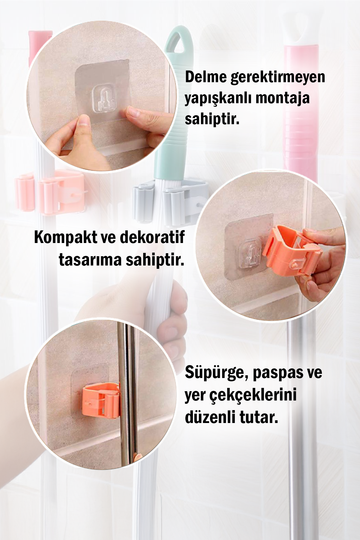 3'lü Yapışkanlı Mop Askısı Süpürge Paspas Tutucu Duvar Organizer Askı Seti