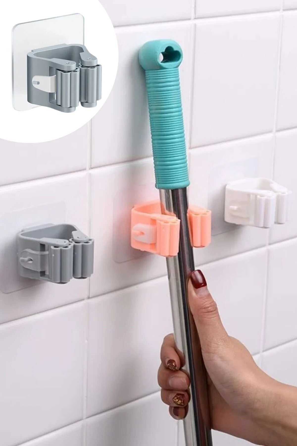 3'lü Yapışkanlı Mop Askısı Süpürge Paspas Tutucu Duvar Organizer Askı Seti