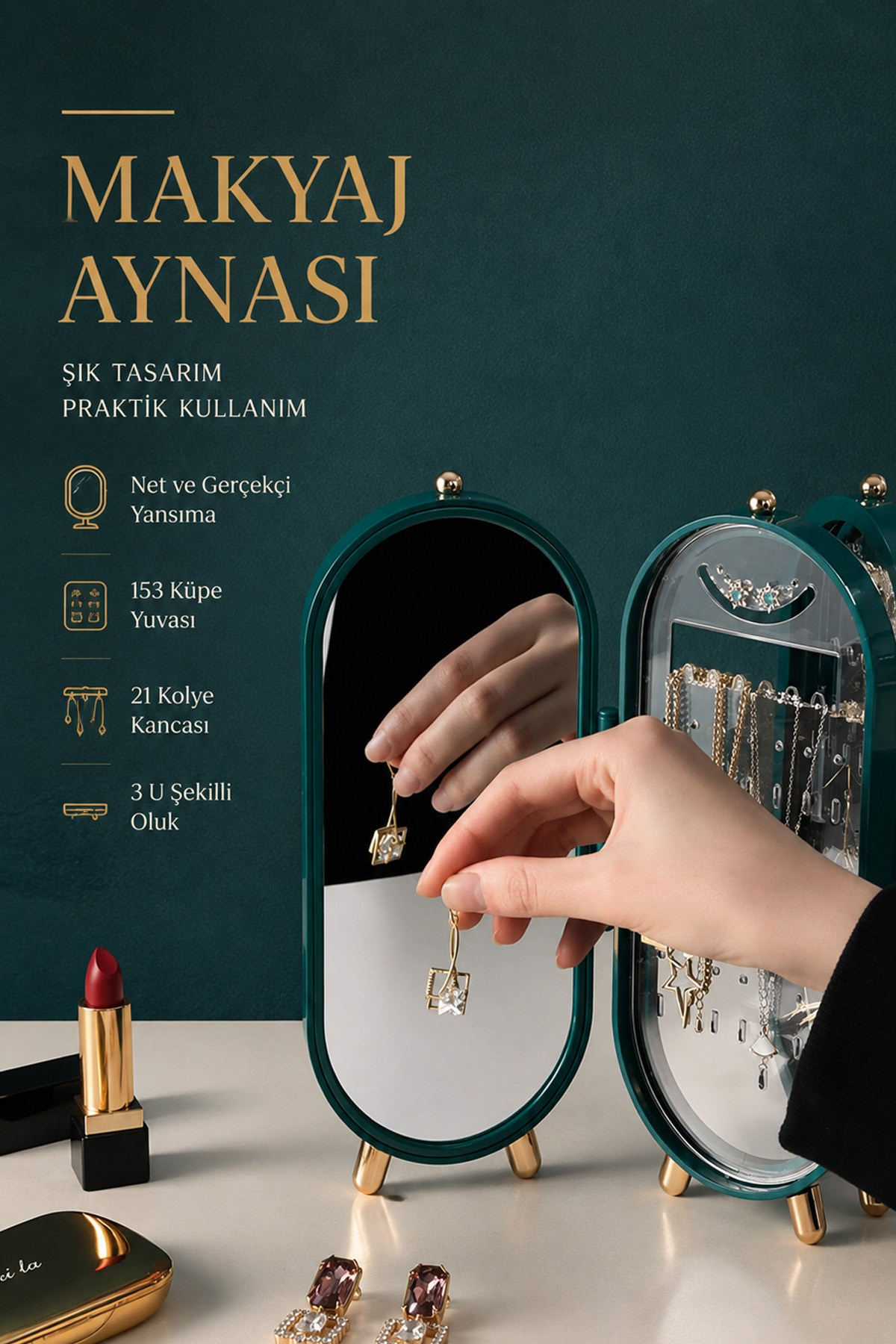4 Bölmeli Aynalı Takı Organizeri Yüzük Küpe Kolye Düzenleyici Masaüstü Stand