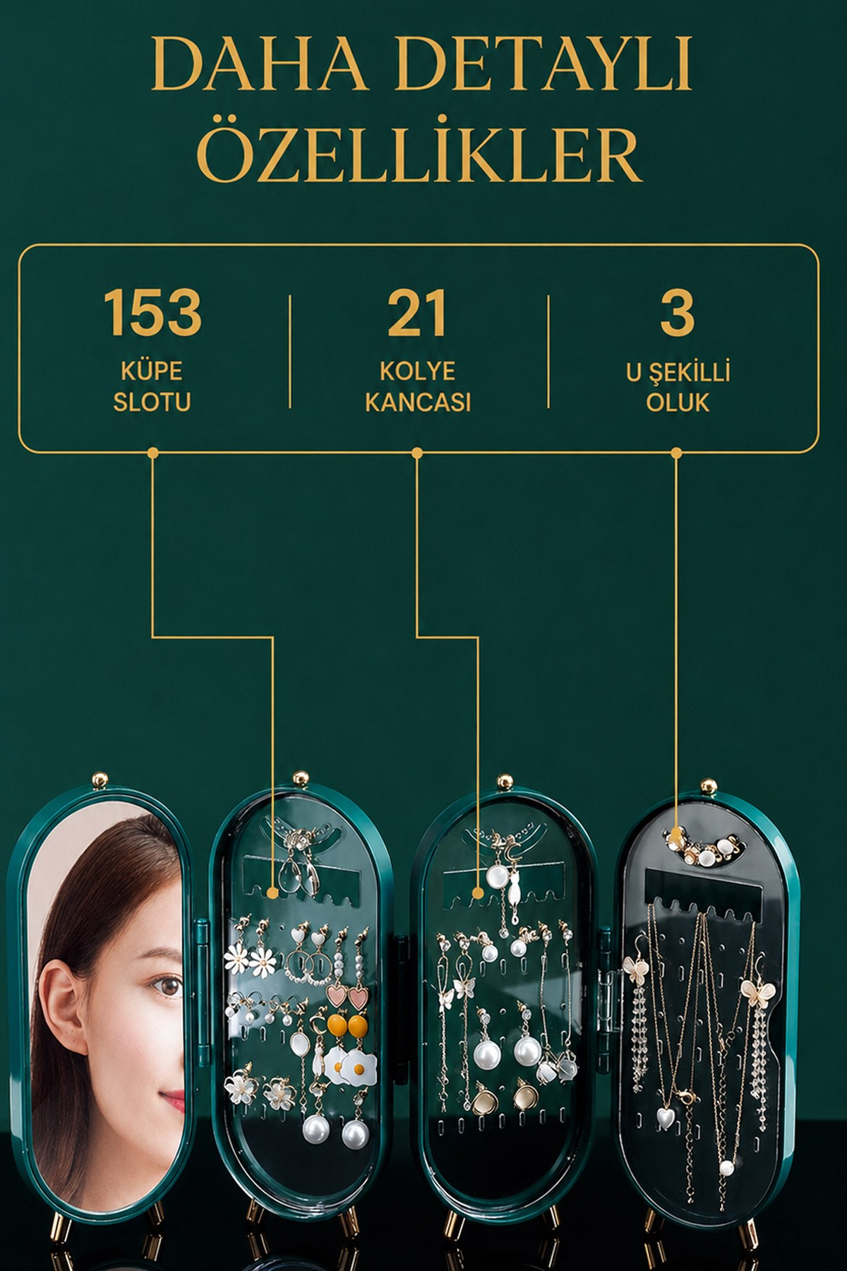 4 Bölmeli Aynalı Takı Organizeri Yüzük Küpe Kolye Düzenleyici Masaüstü Stand