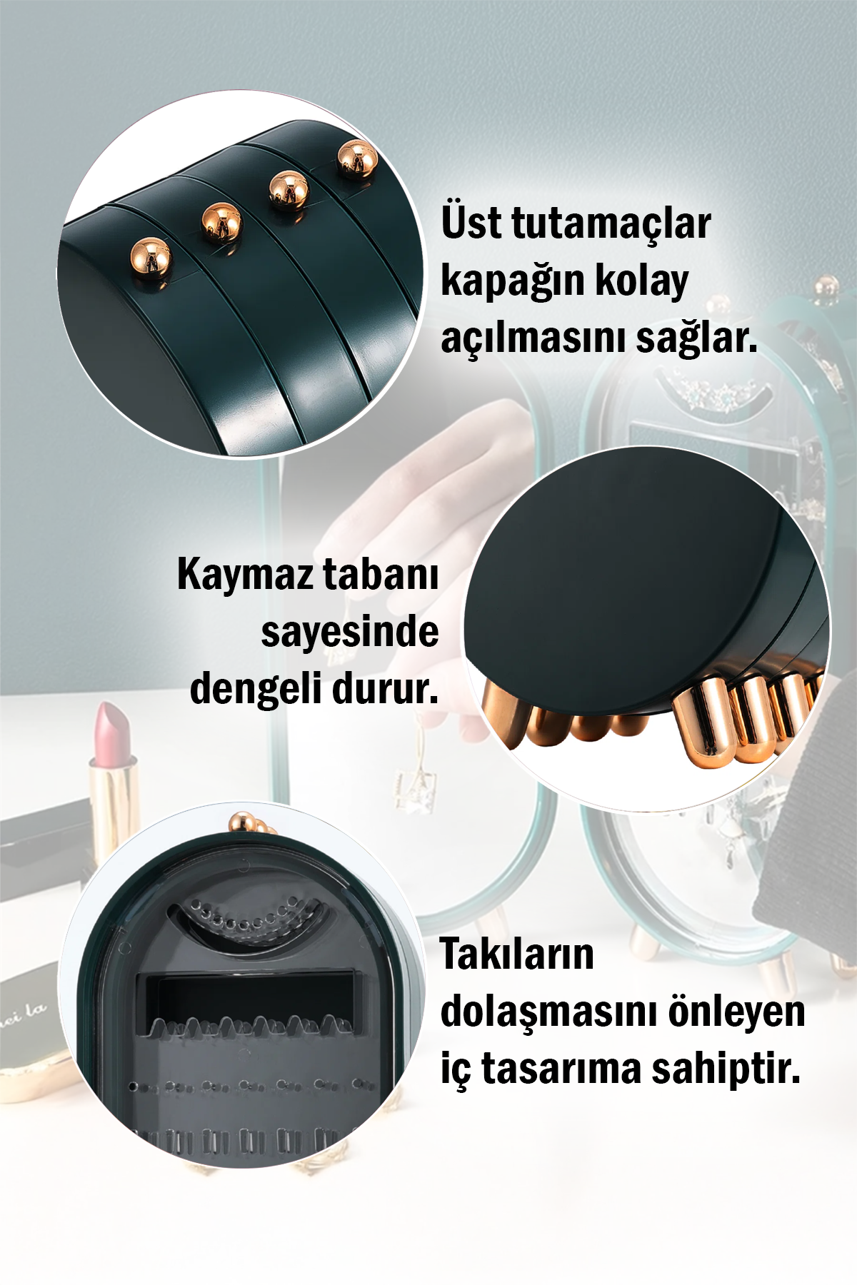 4 Bölmeli Takı Organizeri Aynalı Takı Yüzük Standı, Küpe Standı, Kolye Düzenleyici