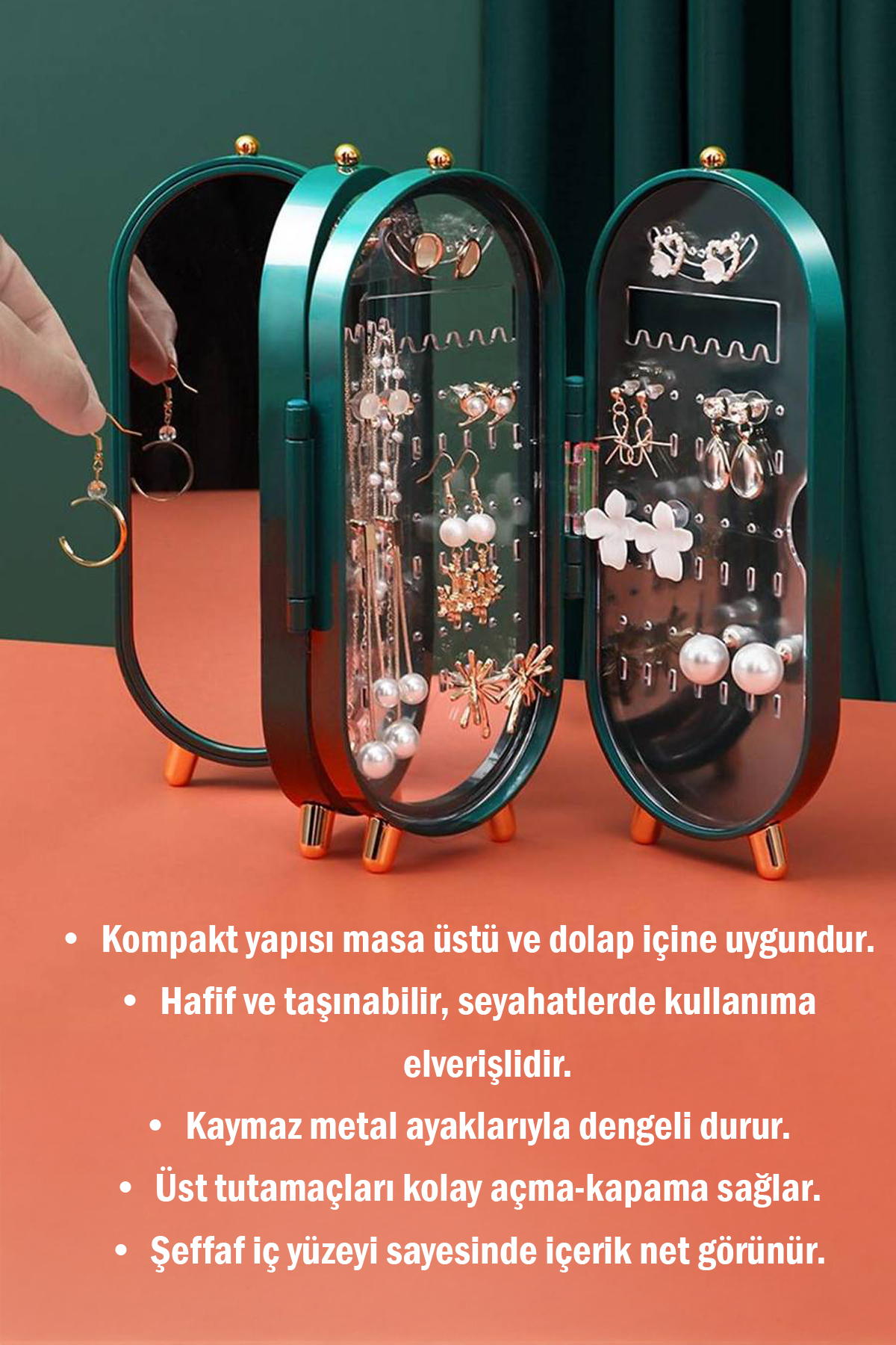 4 Bölmeli Takı Organizeri Aynalı Takı Yüzük Standı, Küpe Standı, Kolye Düzenleyici