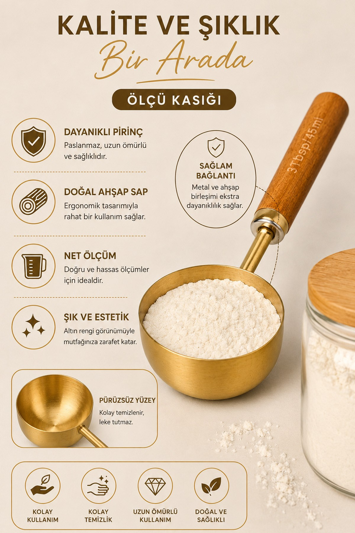 45 ml Ahşap Saplı Gold Kahve Ölçü Kaşığı Paslanmaz Çelik Kahve Çay Mama Ölçme Kaşığı 