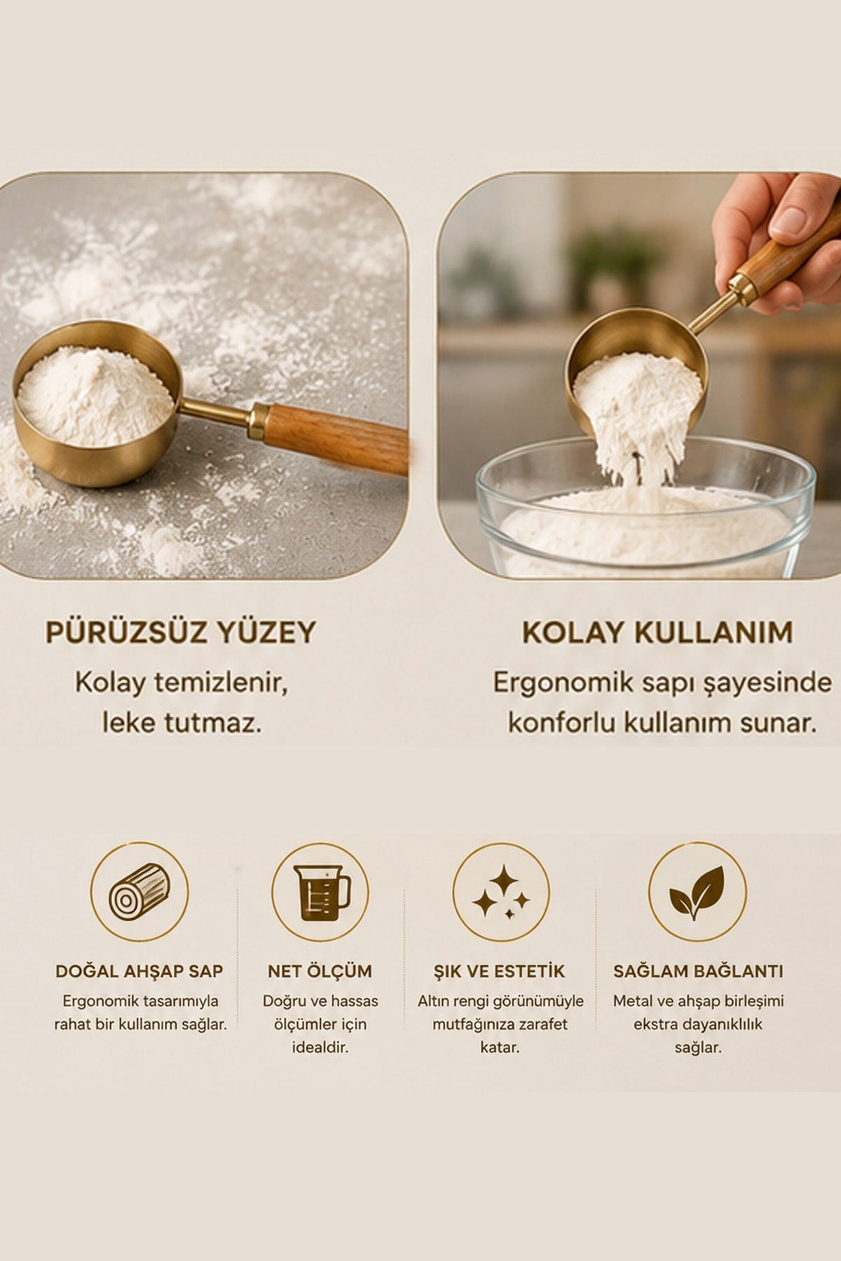 45 ml Ahşap Saplı Gold Kahve Ölçü Kaşığı Paslanmaz Çelik Kahve Çay Mama Ölçme Kaşığı 