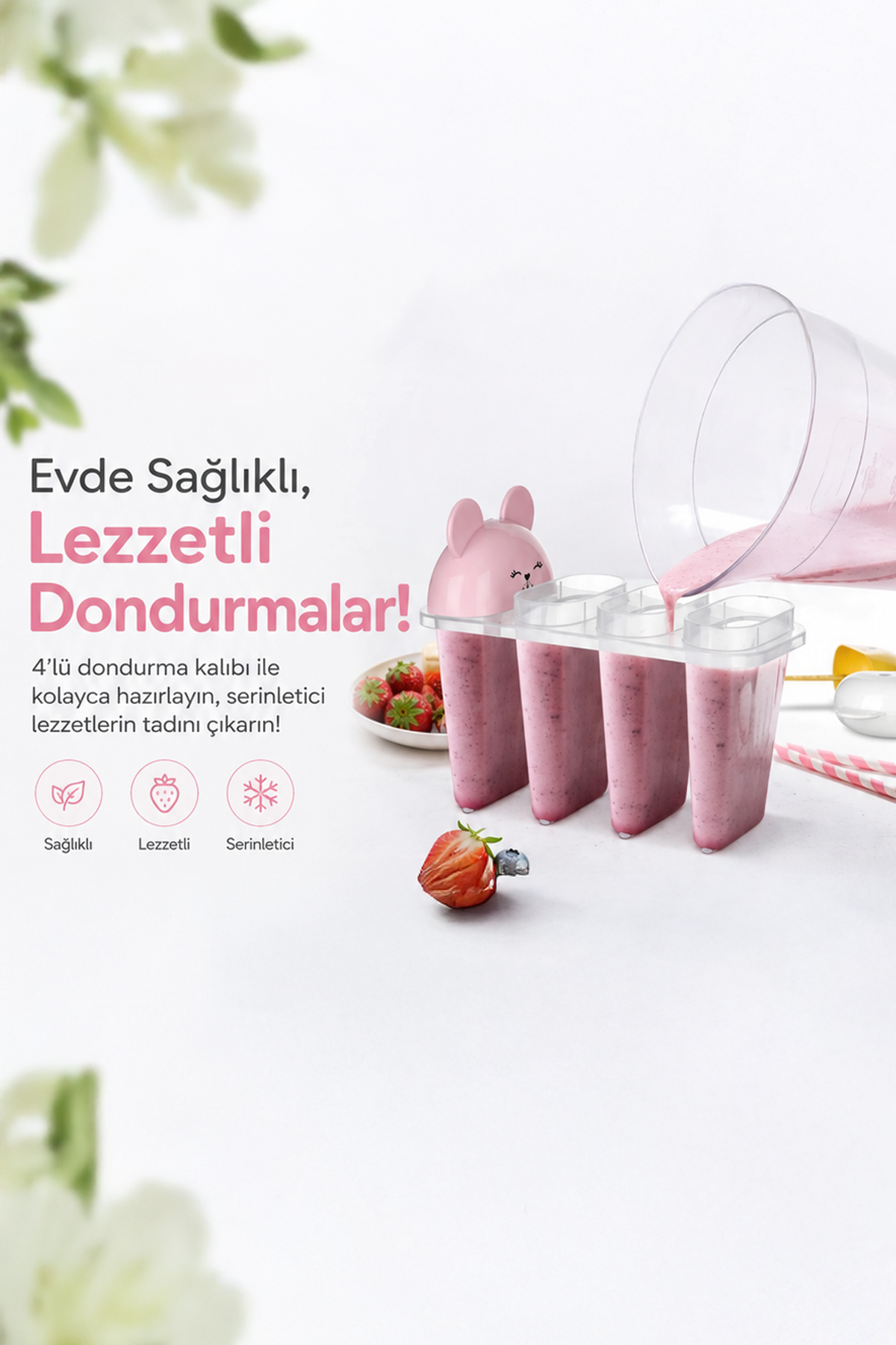 4'lü Dondurma Meybuz Yapma Kabı Buz Kalıbı Çocuk Meyveli Dondurma Kalıbı 15,2 cm