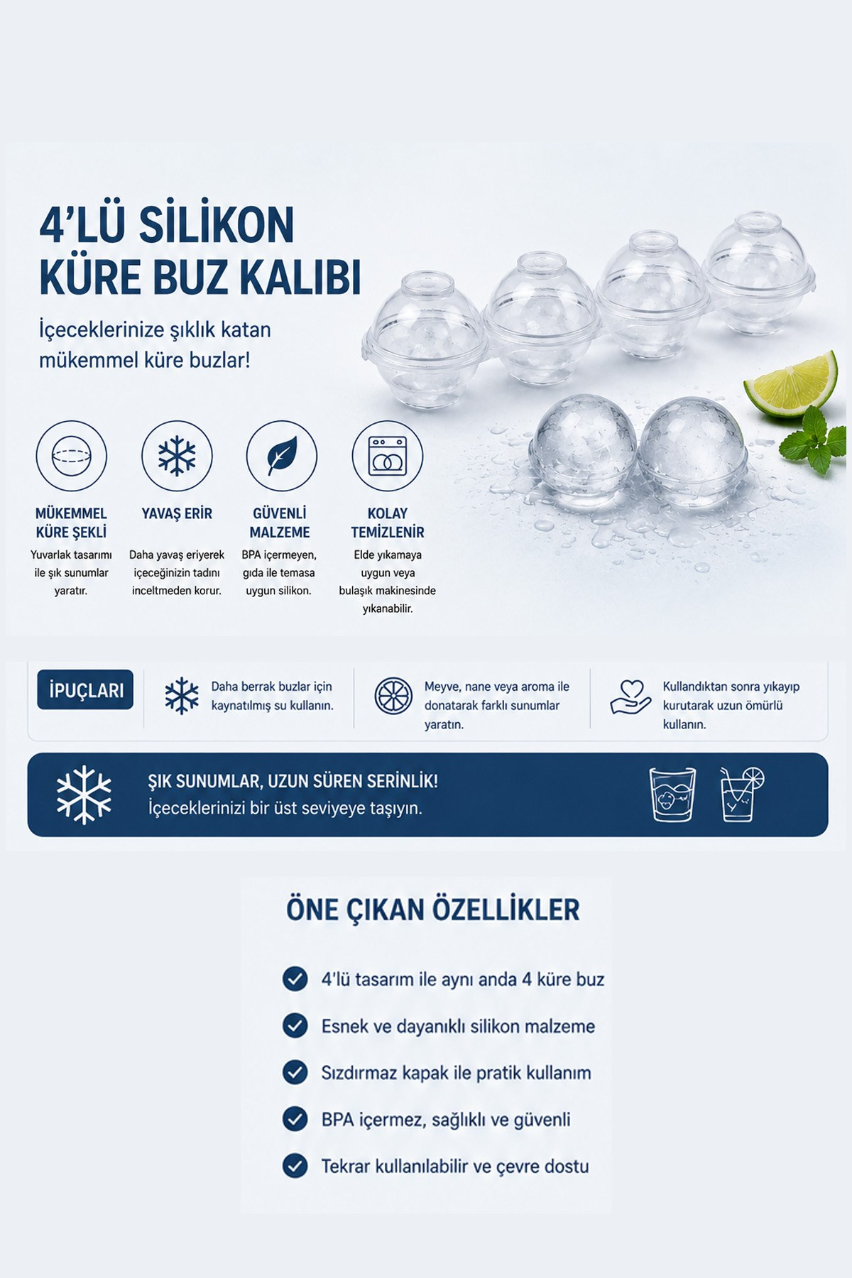 4'lü Şeffaf Küre Buz Kalıbı Yuvarlak Top Kalıbı Viski Kokteyl Kahve İçecekleri İçin