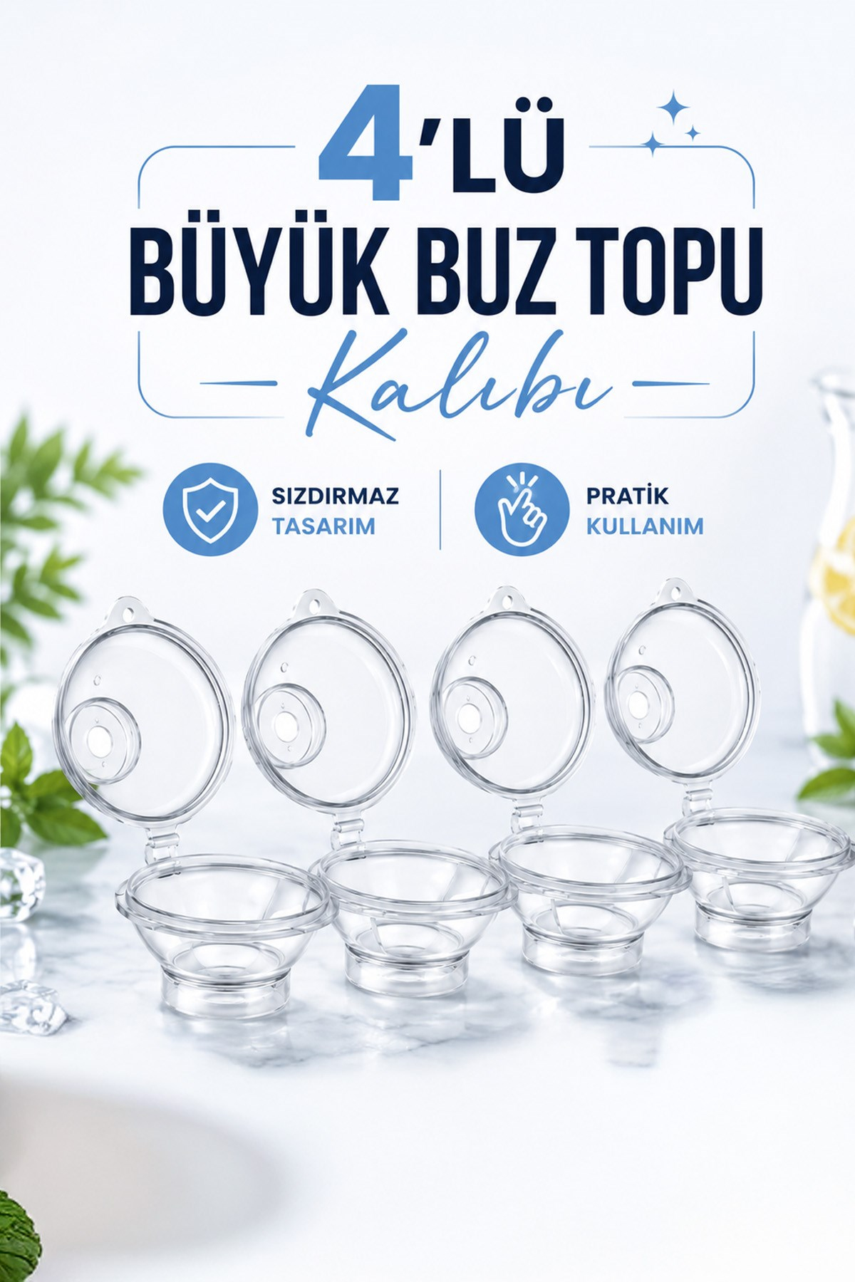 4'lü Şeffaf Küre Buz Kalıbı Yuvarlak Top Kalıbı Viski Kokteyl Kahve İçecekleri İçin