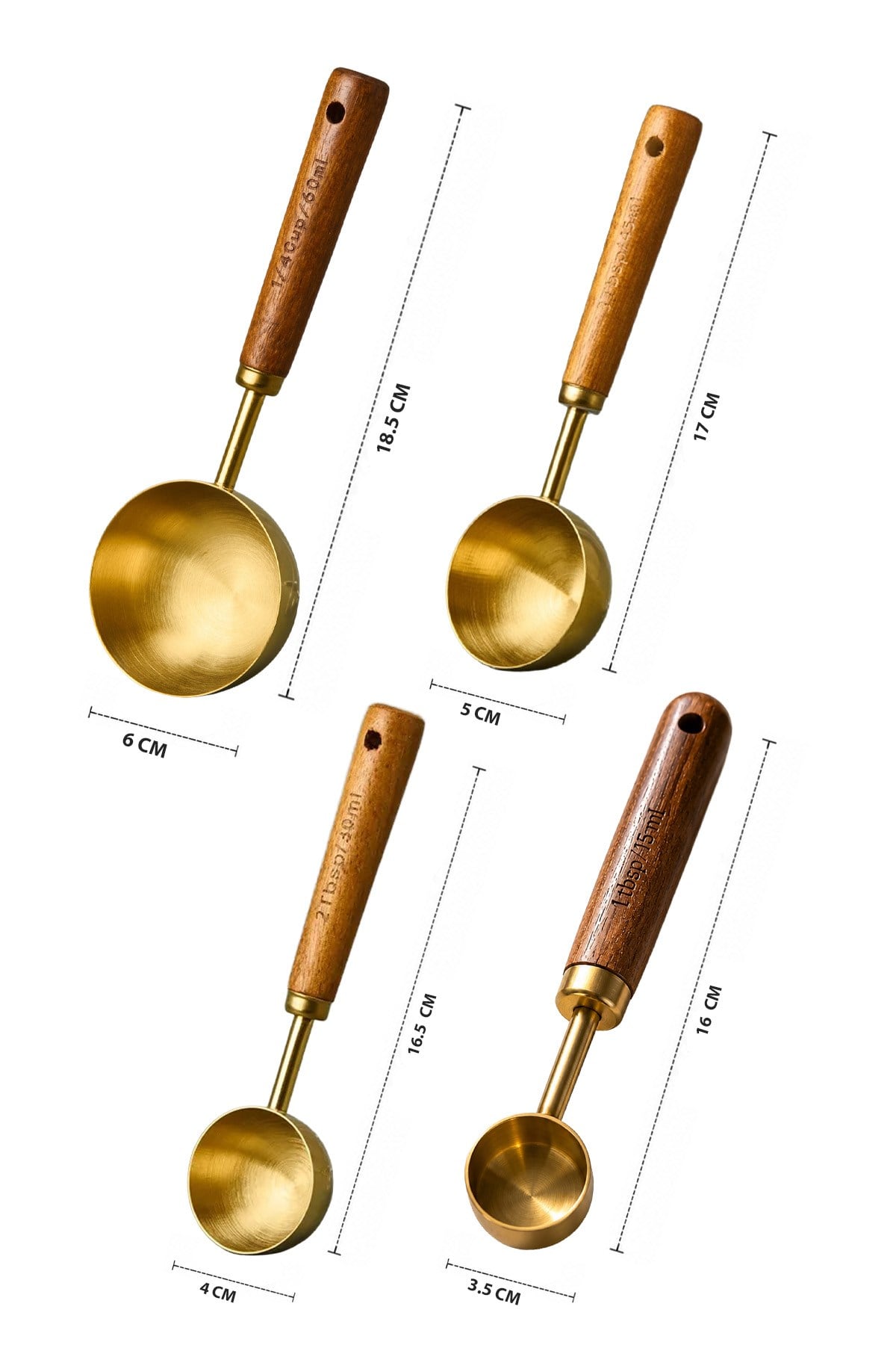 4lü Set ml Ahşap Saplı Gold Kahve Ölçü Kaşığı Paslanmaz Çelik Kahve Çay Mama Ölçme Kaşığı 