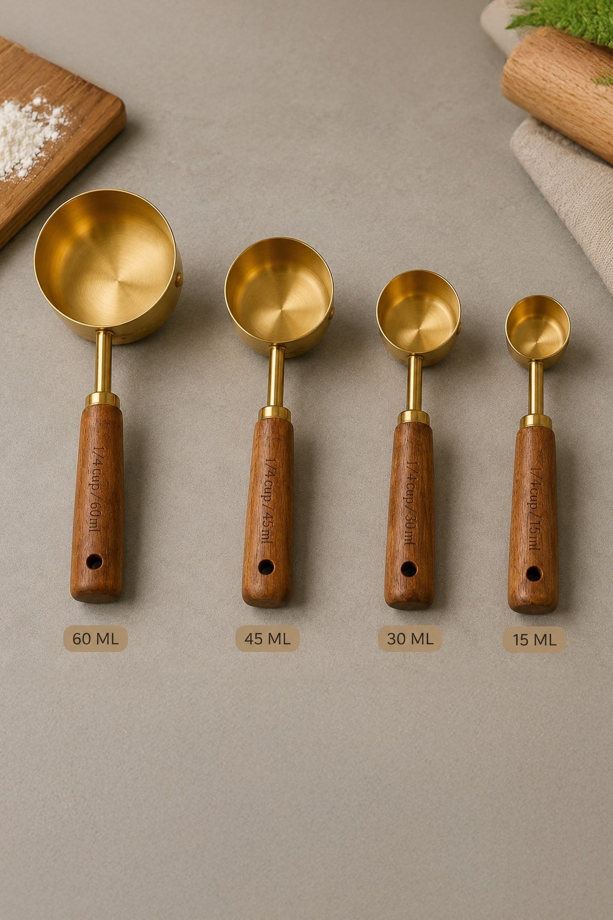 4lü Set ml Ahşap Saplı Gold Kahve Ölçü Kaşığı Paslanmaz Çelik Kahve Çay Mama Ölçme Kaşığı 