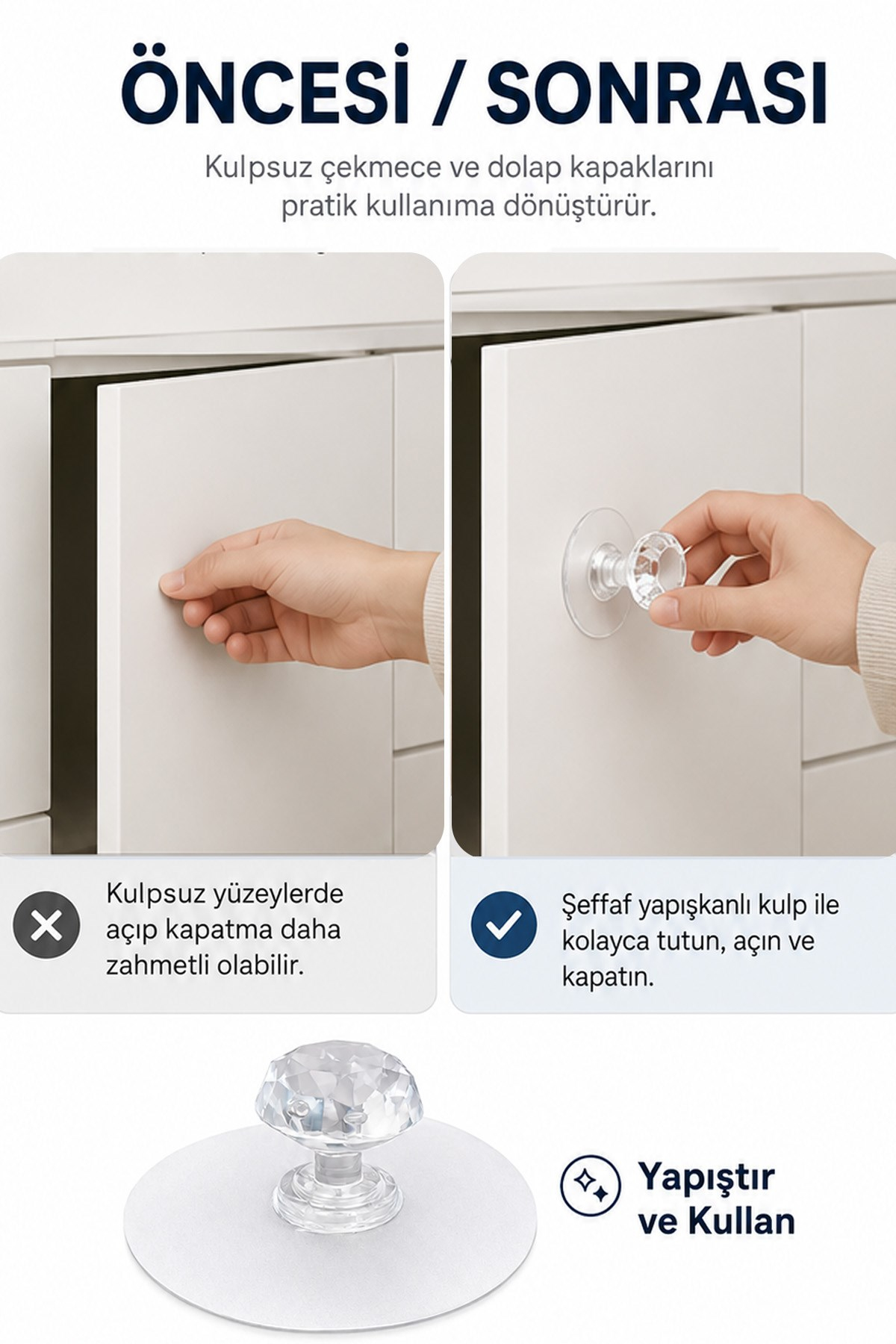 4'lü Yapışkanlı Kristal Mobilya Kulpu Dolap Çekmece Kapak Komodin Tutacağı 6 cm