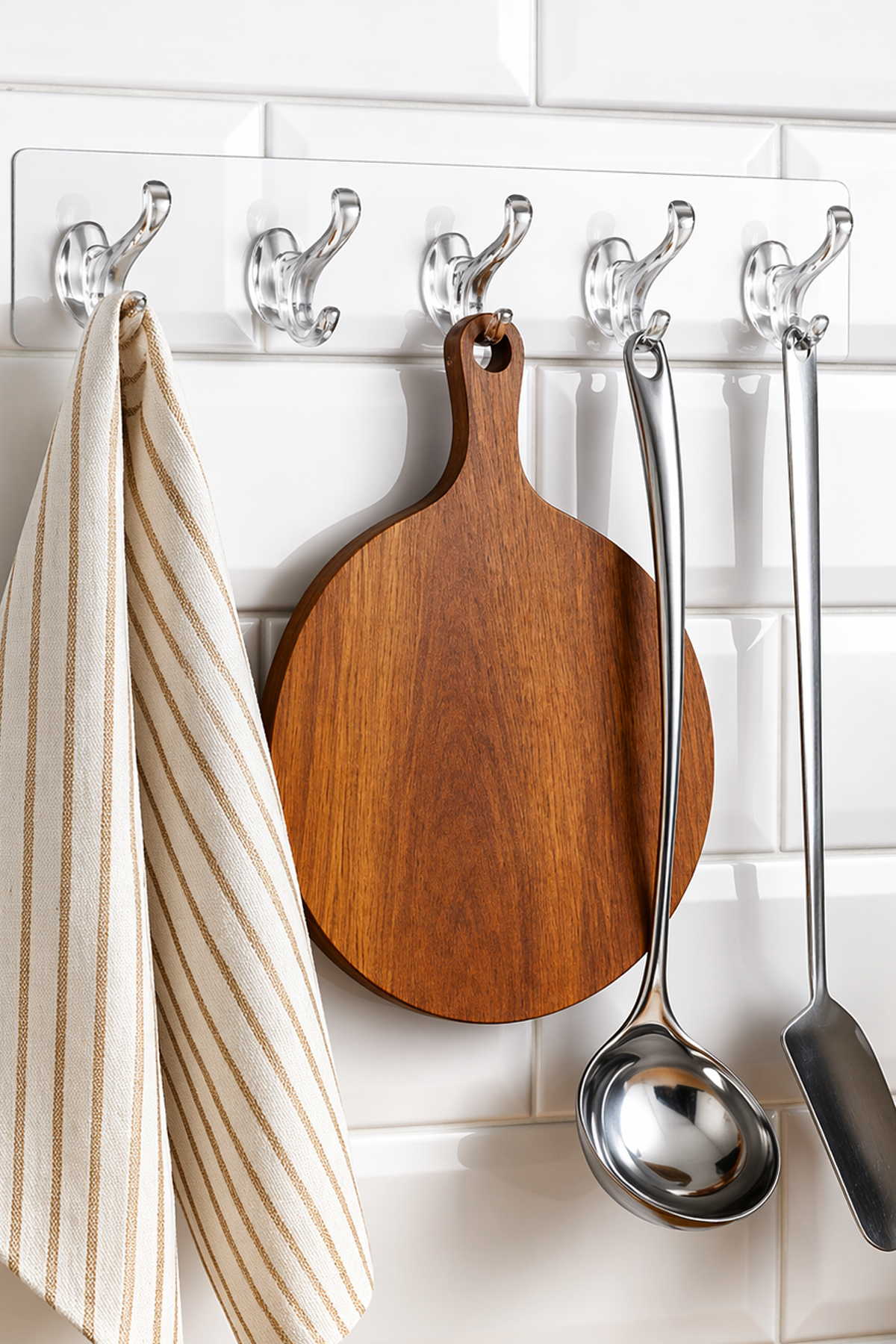 5 Kancalı Şeffaf Yapışkanlı Organizer Askı Mutfak Banyo Duvar Düzenleyici 35 cm