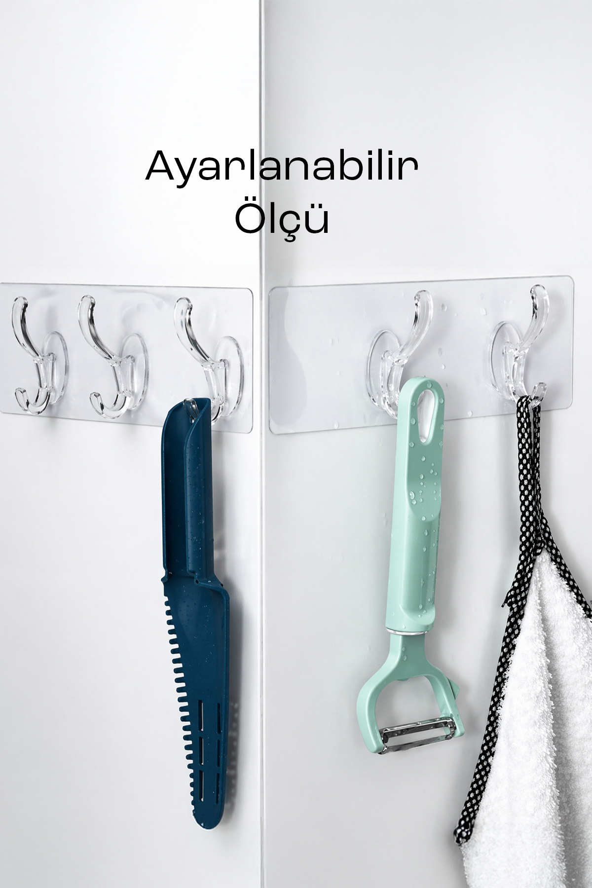 5 Kancalı Şeffaf Yapışkanlı Organizer Askı Mutfak Banyo Duvar Düzenleyici 35 cm