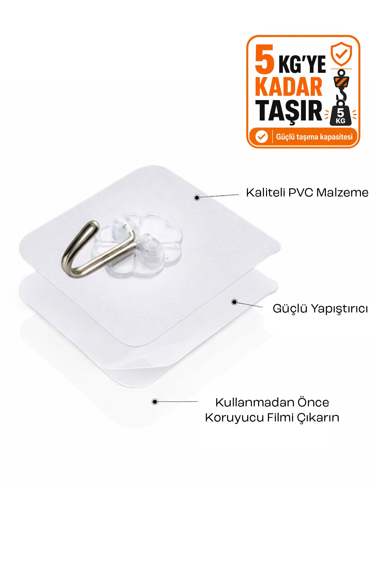 5'li Şeffaf Nano Yapışkanlı Kanca Güçlü Duvar Askısı Banyo Mutfak Kapı Askılık Seti 6 cm