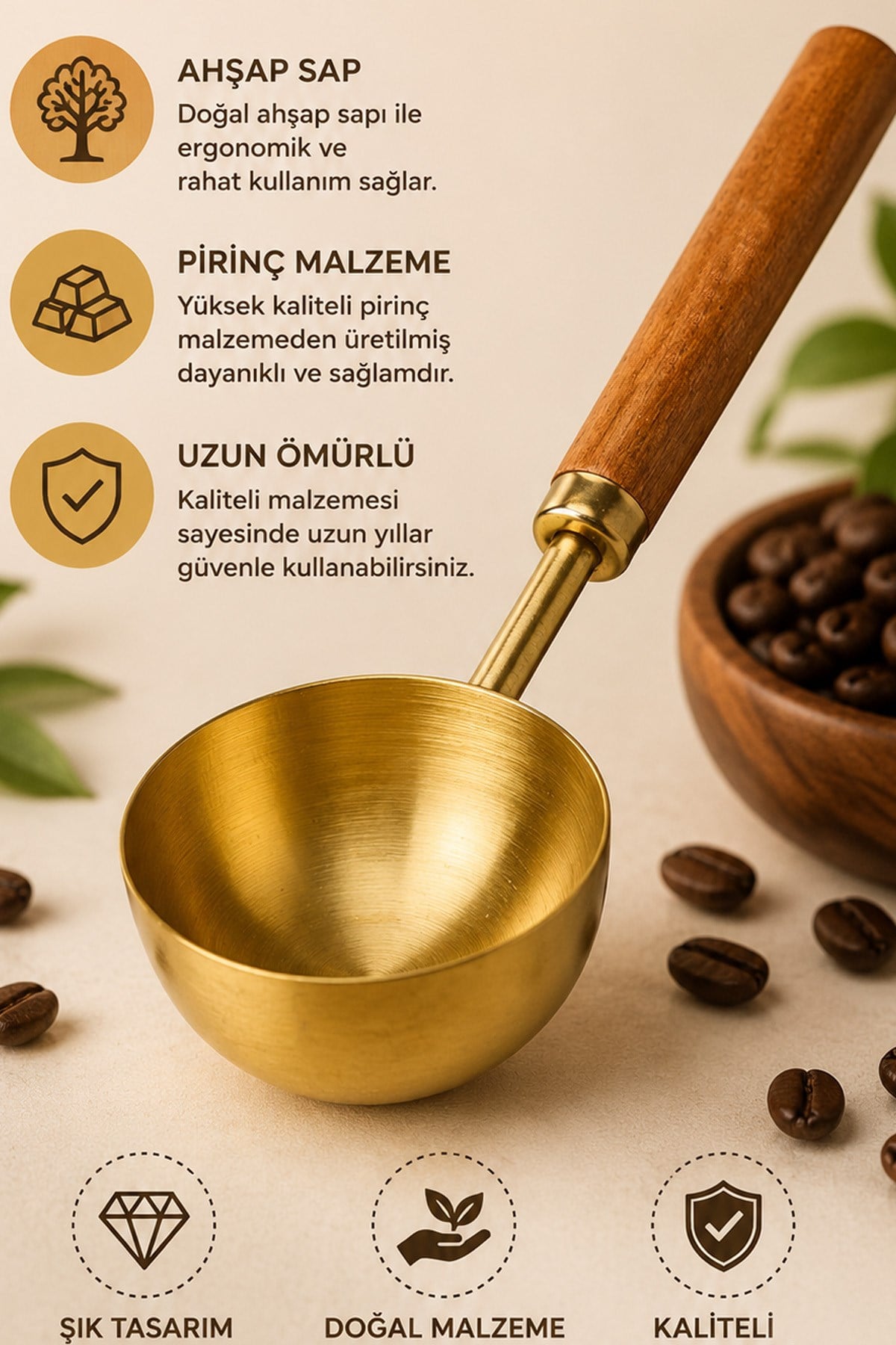 60 ml Ahşap Saplı Gold Kahve Ölçü Kaşığı Paslanmaz Çelik Kahve Çay Mama Ölçme Kaşığı 