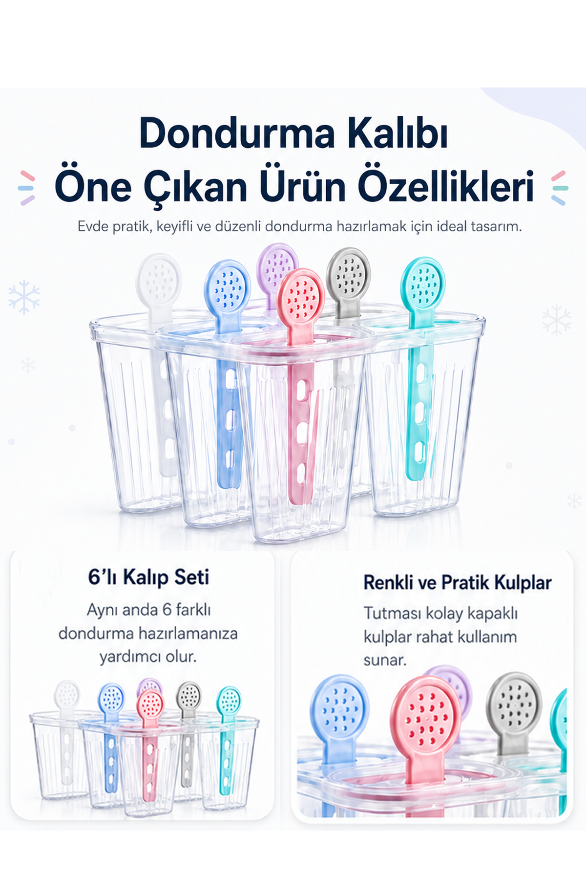 6'lı Meybuz Kalıbı Dondurma Kalıbı Kapaklı Silikon Buzlu Meyve Dondurma Yapma Kalıbı
