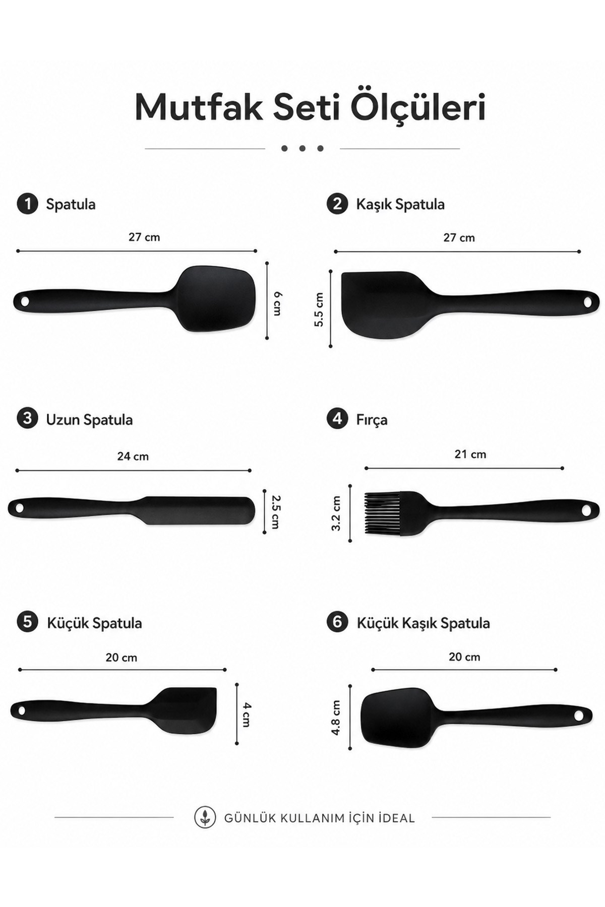 6'lı Siyah Silikon Mutfak Seti Yanmaz Yapışmaz Spatula Kaşık Fırça Pasta Hamur 20-27 cm