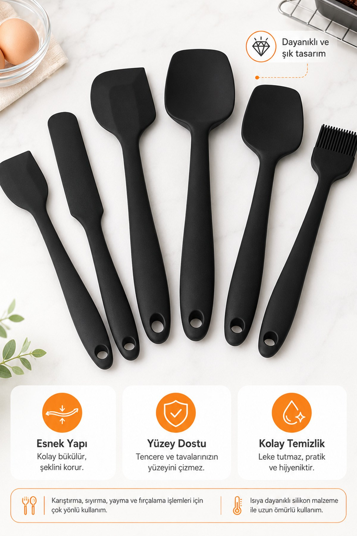 6'lı Siyah Silikon Mutfak Seti Yanmaz Yapışmaz Spatula Kaşık Fırça Pasta Hamur 20-27 cm