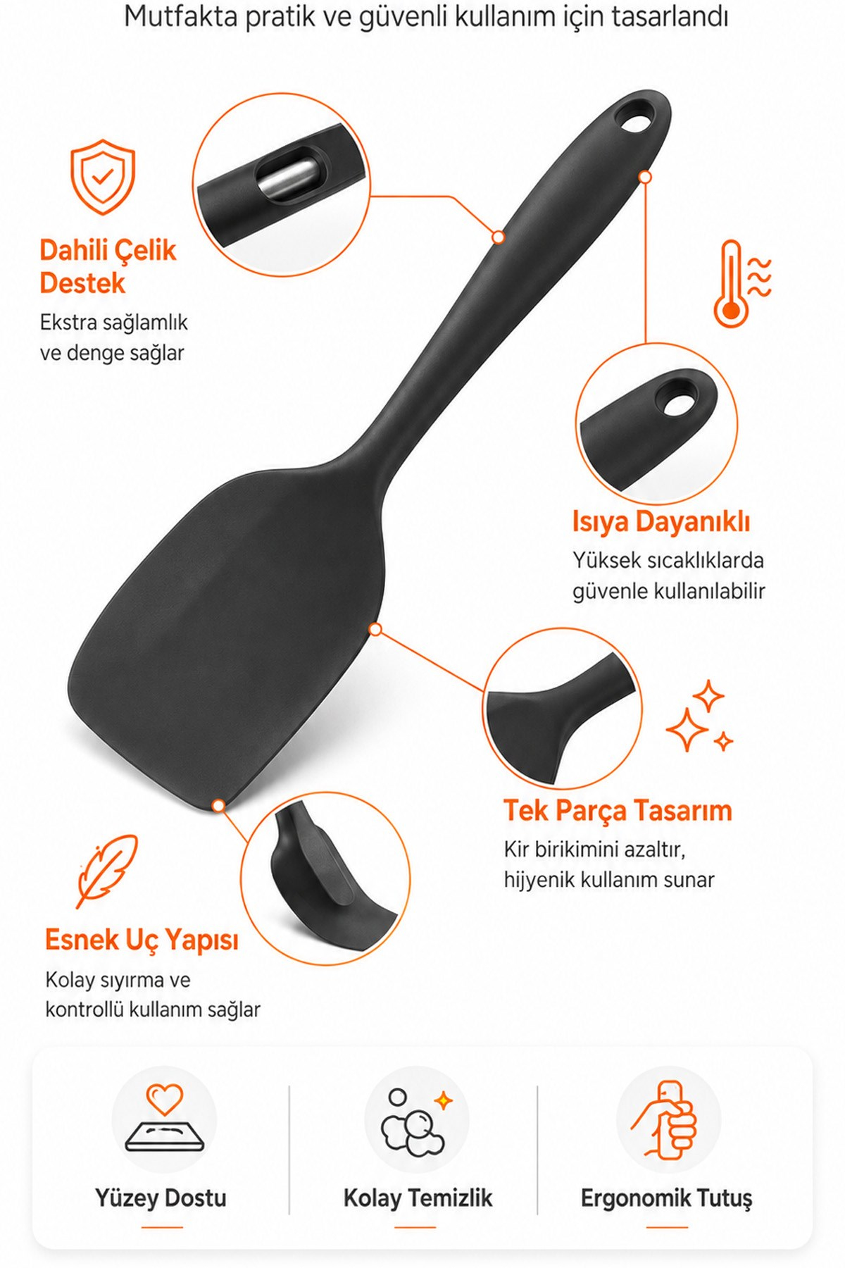 6'lı Siyah Silikon Mutfak Seti Yanmaz Yapışmaz Spatula Kaşık Fırça Pasta Hamur 20-27 cm