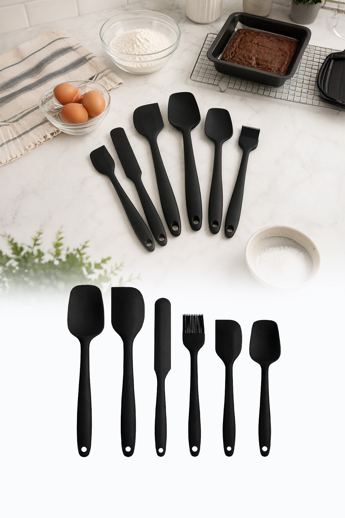 6'lı Siyah Silikon Mutfak Seti Yanmaz Yapışmaz Spatula Kaşık Fırça Pasta Hamur 20-27 cm
