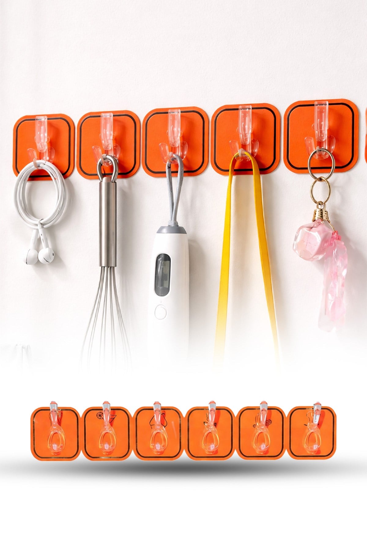 6'lı Turuncu Yapışkanlı Duvar Askısı Bornoz Havlu Mutfak Banyo Organizer 35 cm