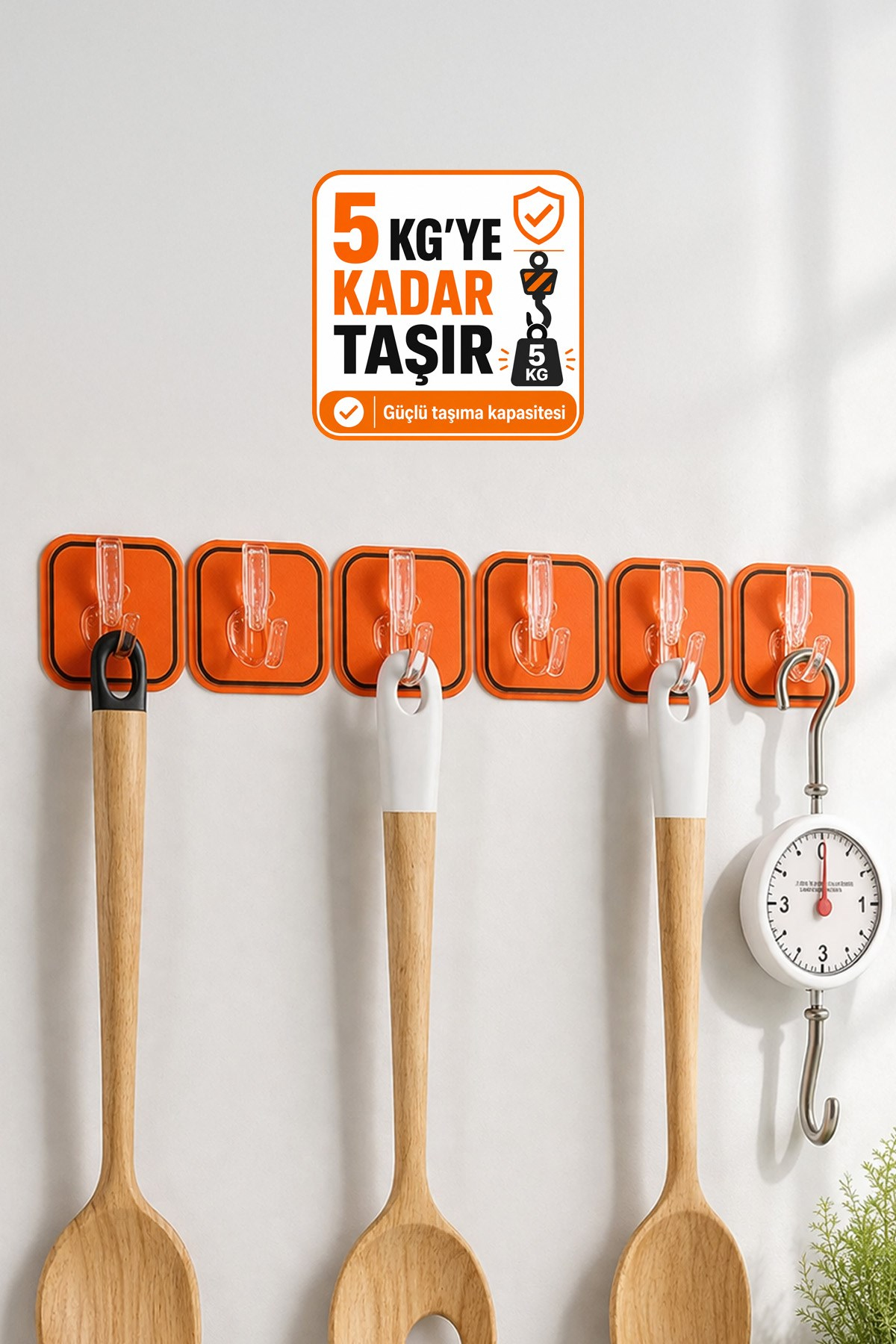 6'lı Turuncu Yapışkanlı Organizer Askı Mutfak Banyo Duvar Askılık Düzenleyici 35 cm