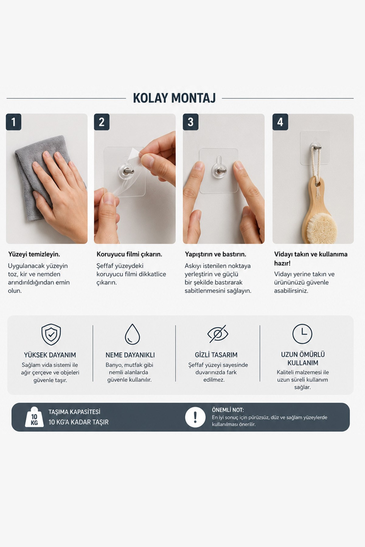 8 Adet Yapışkanlı Duvar Askısı Şeffaf Vidalı Kanca Güçlü Sabitleyici Banyo Mutfak Askı