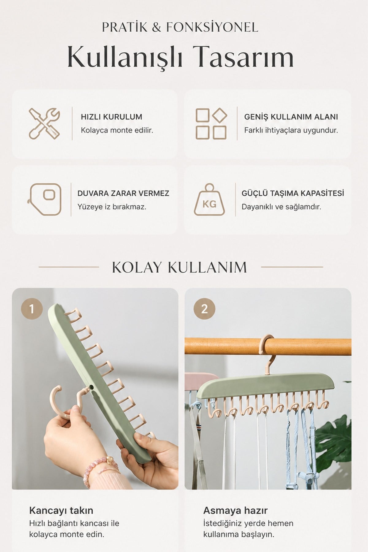 8 Kancalı Mutfak Banyo Dolap İçi Çok Amaçlı Kancalı Yapışkanlı Askı Portatif Askı