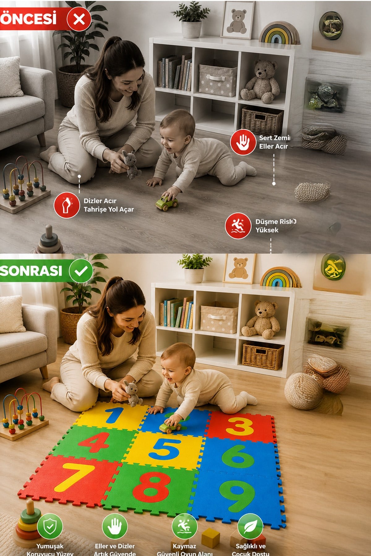 9 Parça Büyük Boy EVA Sayılı Puzzle Oyun Matı Rakamlı Çocuk Yer Matı Renkli Zemin Karosu