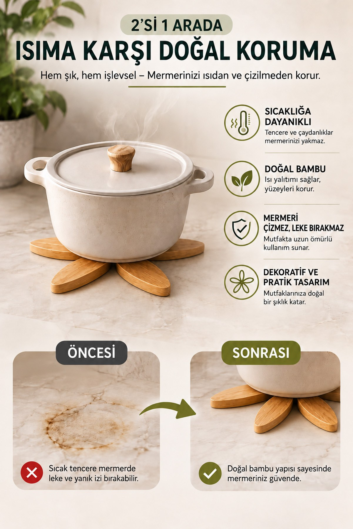 Ahşap Renk 2'li Standlı Bambu Nihale Seti Katlanır Isıya Dayanıklı Tencere Tava Altlığı
