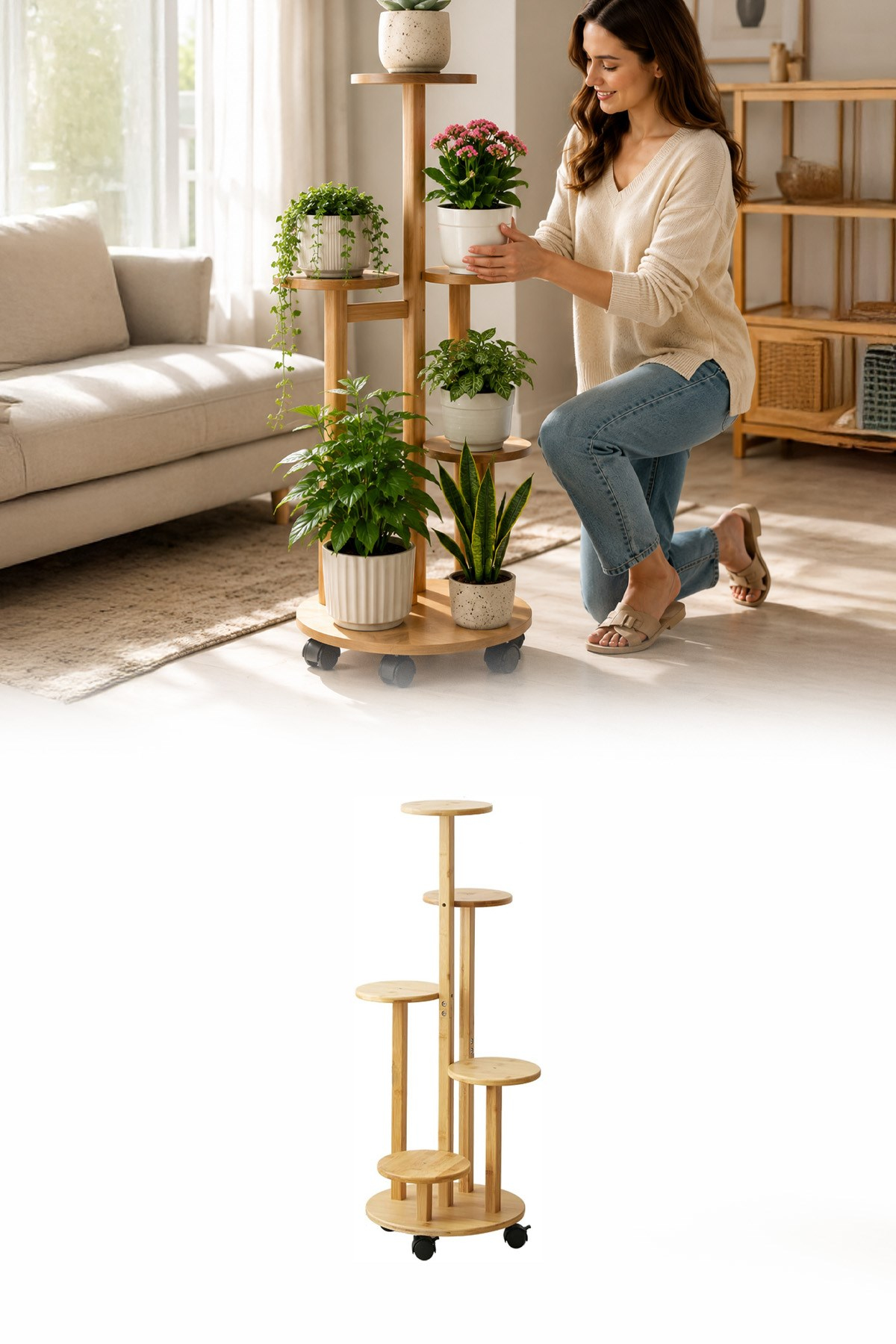 Ahşap Renk 5 Katlı Tekerlekli Çiçeklik Saksılık Dekoratif Daire Model Bitki Rafı