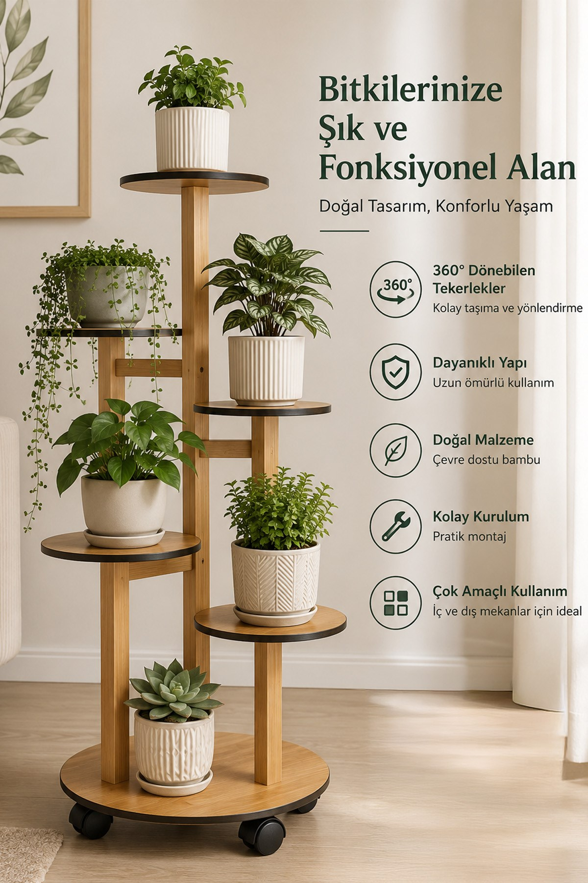 Ahşap Renk 5 Katlı Tekerlekli Çiçeklik Saksılık Dekoratif Daire Model Bitki Rafı