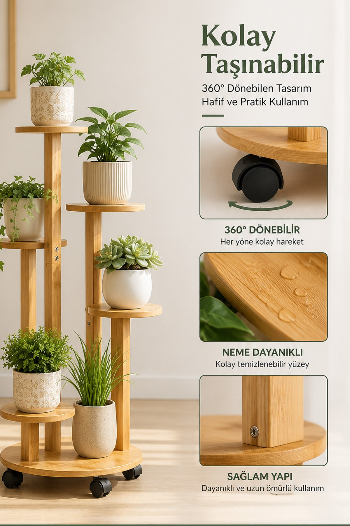Ahşap Renk 5 Katlı Tekerlekli Çiçeklik Saksılık Dekoratif Daire Model Bitki Rafı