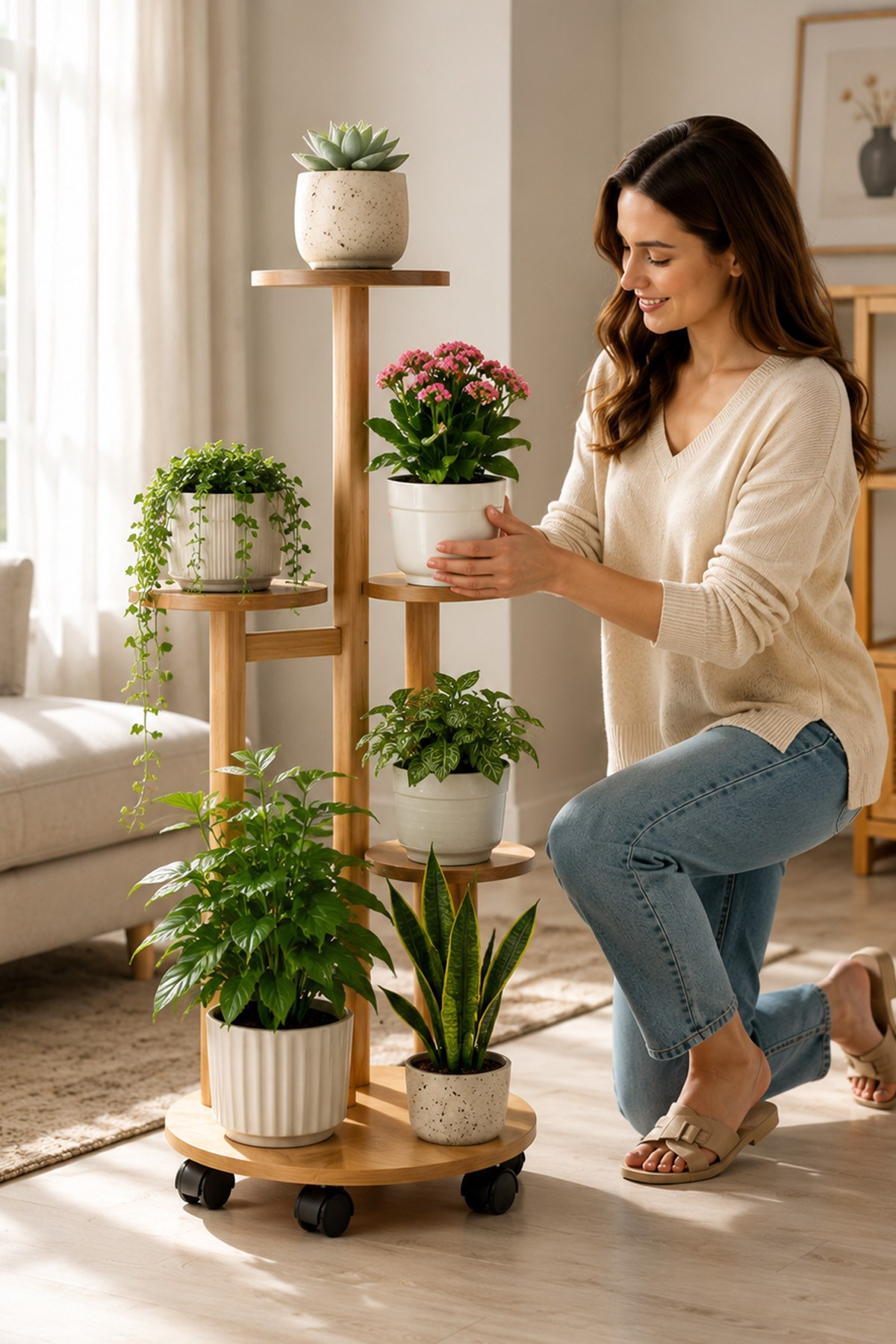 Ahşap Renk 5 Katlı Tekerlekli Çiçeklik Saksılık Dekoratif Daire Model Bitki Rafı