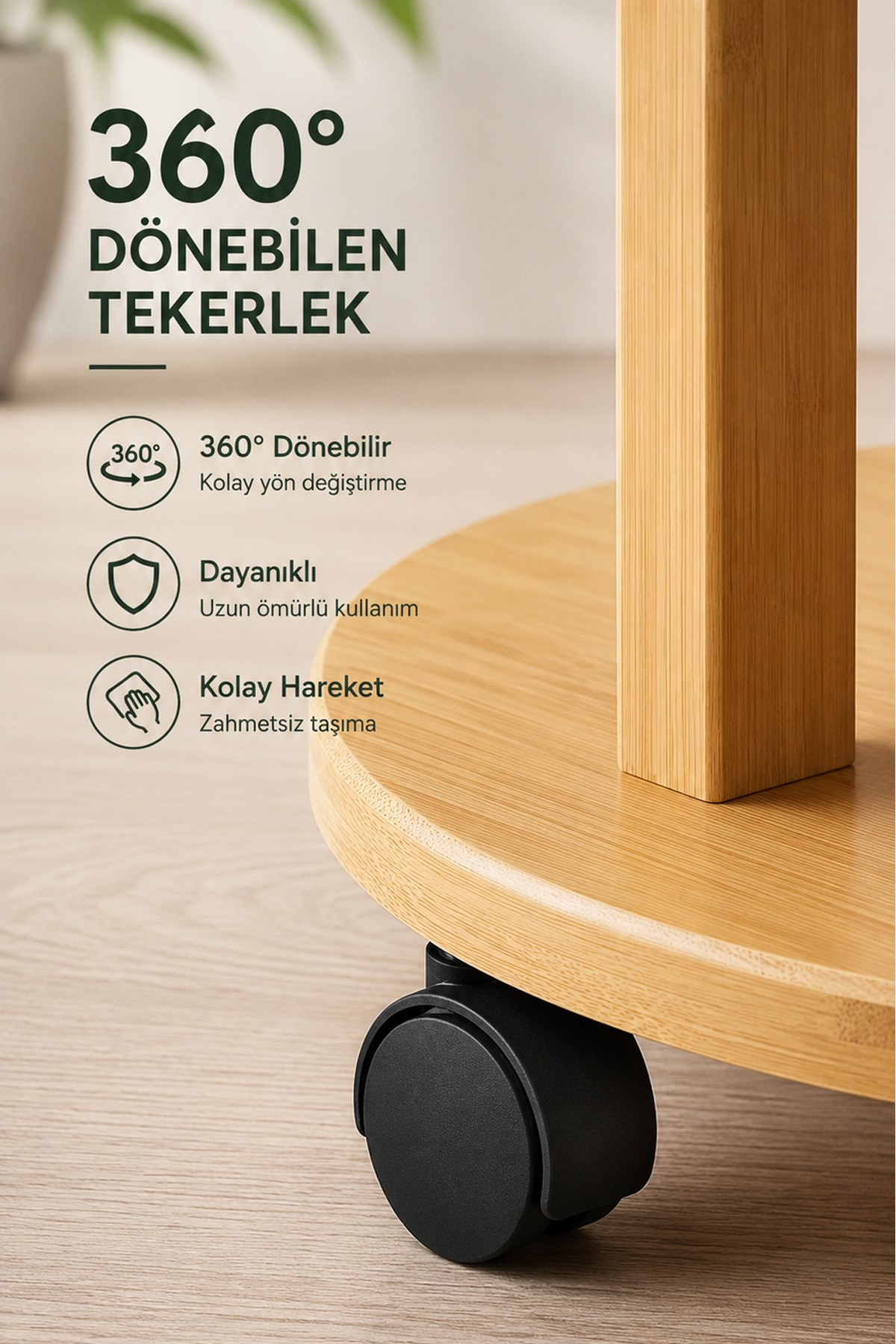 Ahşap Renk 5 Katlı Tekerlekli Çiçeklik Saksılık Dekoratif Daire Model Bitki Rafı
