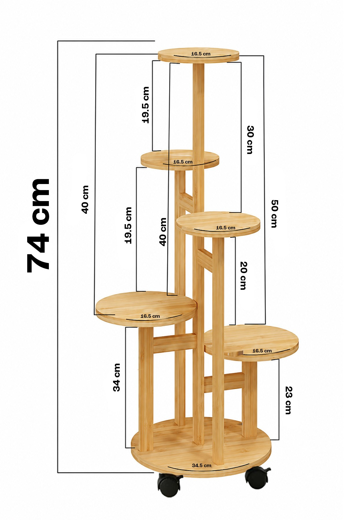 Ahşap Renk 5 Katlı Tekerlekli Çiçeklik Saksılık Dekoratif Daire Model Bitki Rafı