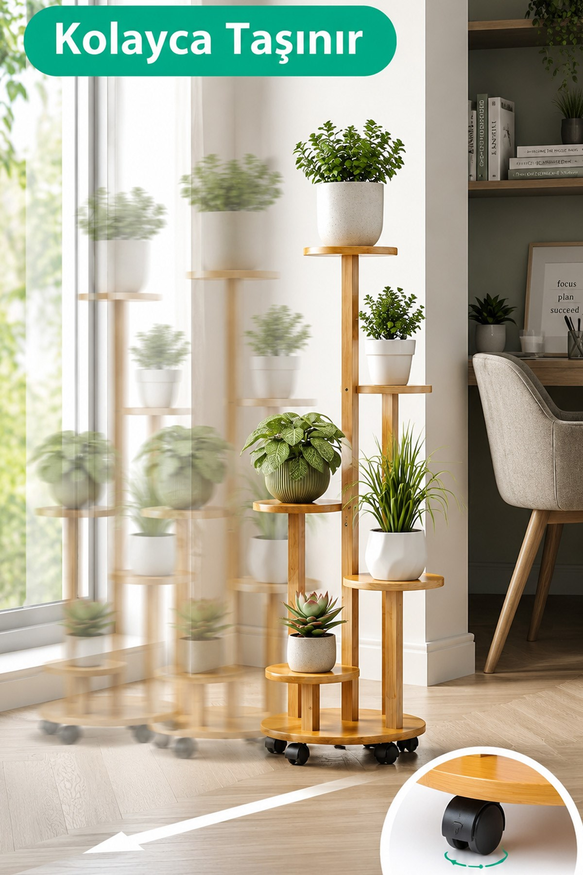 Ahşap Renk 5 Katlı Tekerlekli Çiçeklik Saksılık Dekoratif Daire Model Bitki Rafı