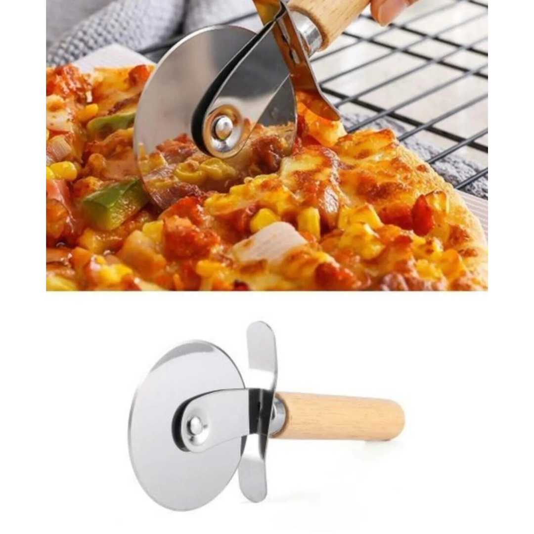 Ahşap Saplı Pizza Kesici Paslanmaz Çelik Yuvarlak Bıçaklı Dilimleme Aparatı Ergonomik Ahşap Tutma Kolu ile Pratik Kullanım Sunan Dayanıklı ve Şık Pizza Bıçağı Mutfak İçin Kesme Aracı
