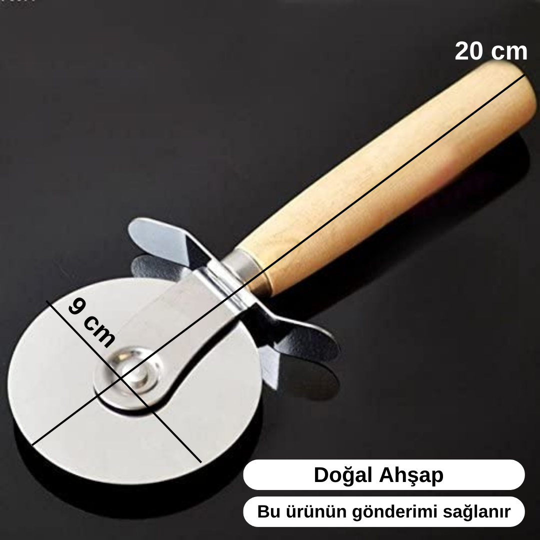 Ahşap Saplı Pizza Kesici Paslanmaz Çelik Yuvarlak Bıçaklı Dilimleme Aparatı Ergonomik Ahşap Tutma Kolu ile Pratik Kullanım Sunan Dayanıklı ve Şık Pizza Bıçağı Mutfak İçin Kesme Aracı