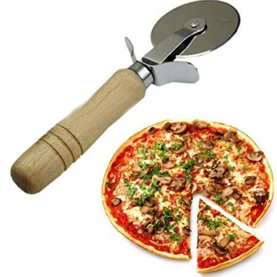 Ahşap Saplı Pizza Kesici Paslanmaz Çelik Yuvarlak Bıçaklı Dilimleme Aparatı Ergonomik Ahşap Tutma Kolu ile Pratik Kullanım Sunan Dayanıklı ve Şık Pizza Bıçağı Mutfak İçin Kesme Aracı