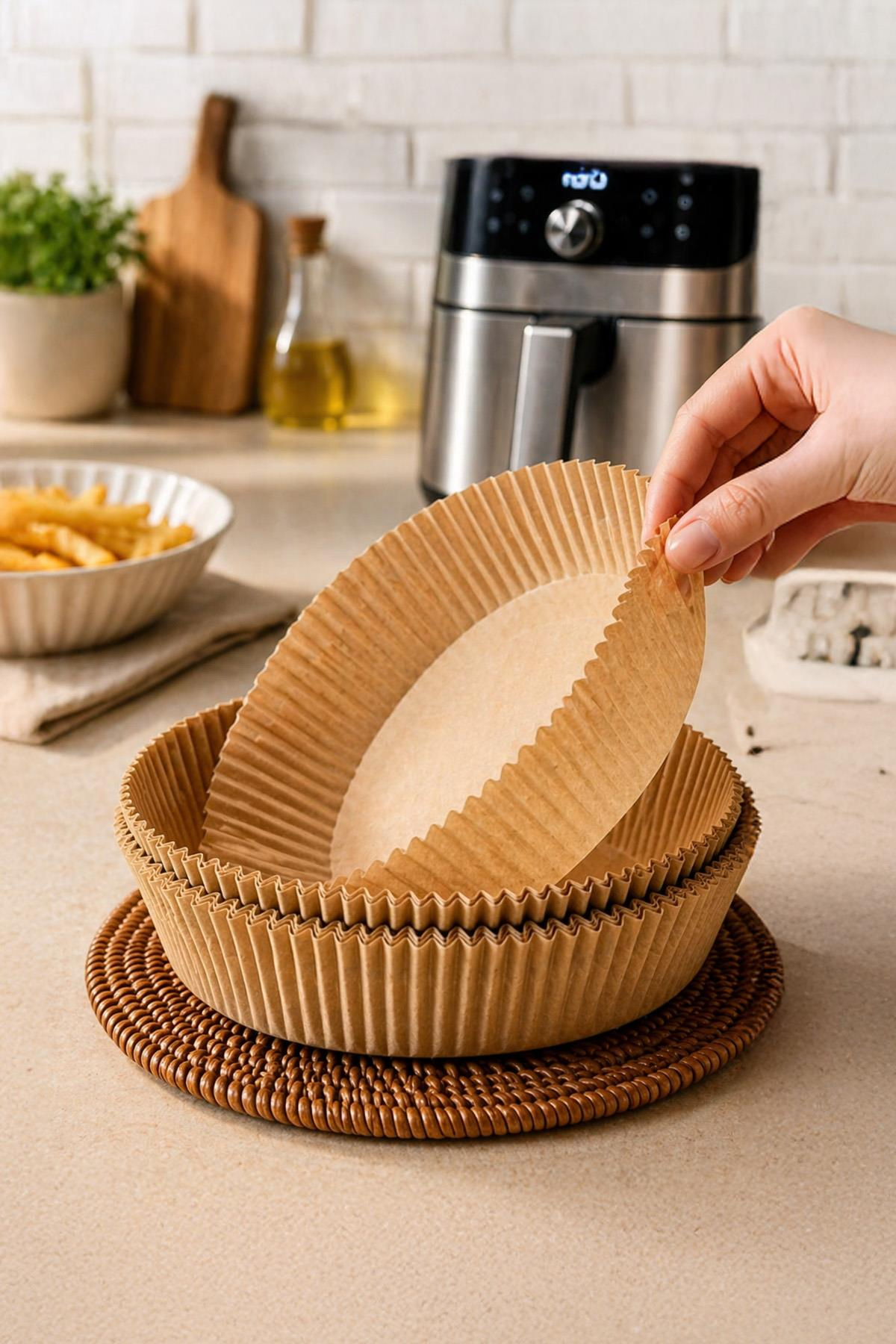 Airfryer Pişirme Kağıdı 50 Adet Yuvarlak Yağlı Kağıt Hava Fritözü Uyumlu Pratik Kullanım