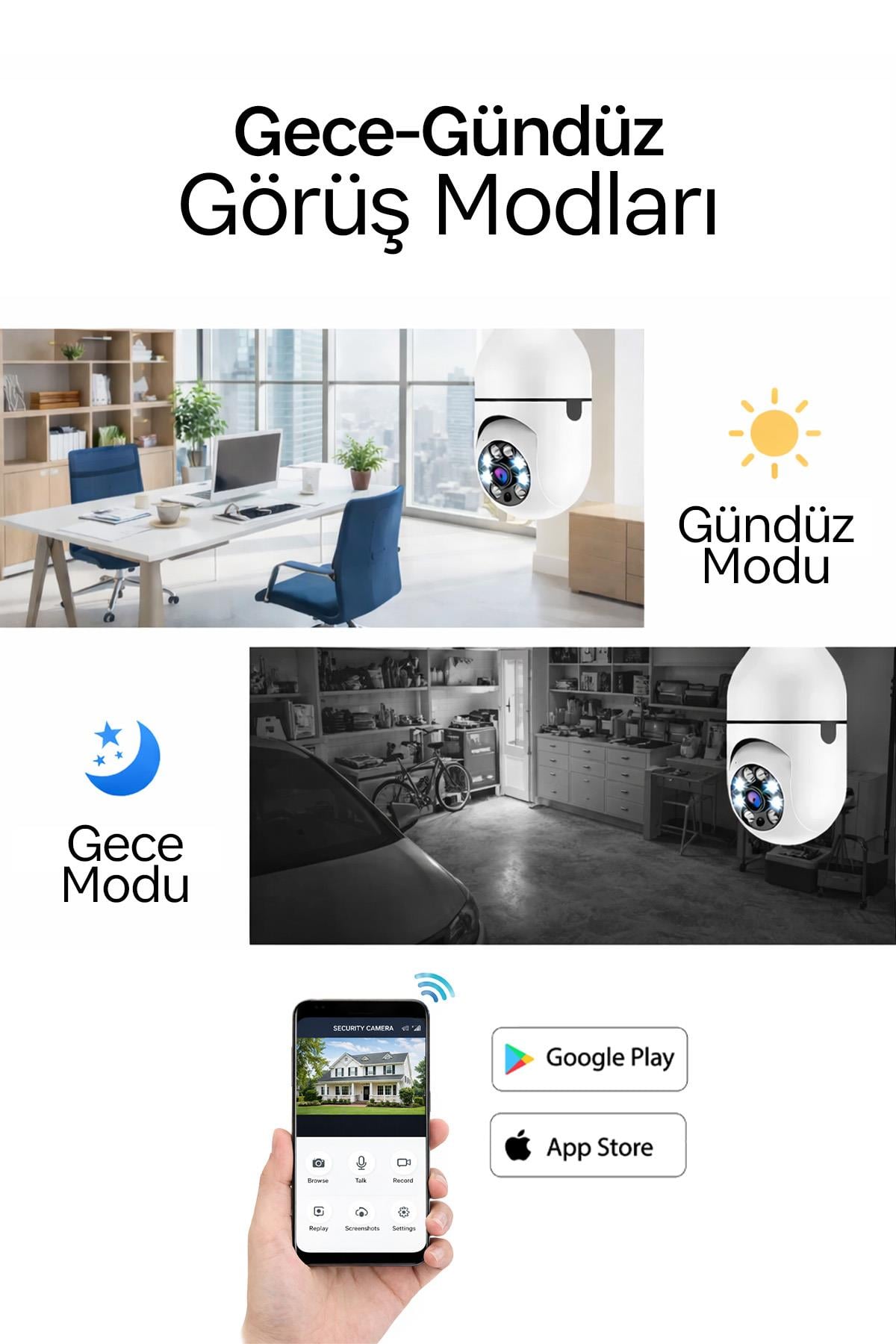 Ampul Kamera WiFi 360 Derece Kablosuz Güvenlik Kamerası – Ev Ofis Ampul Tip Kamera