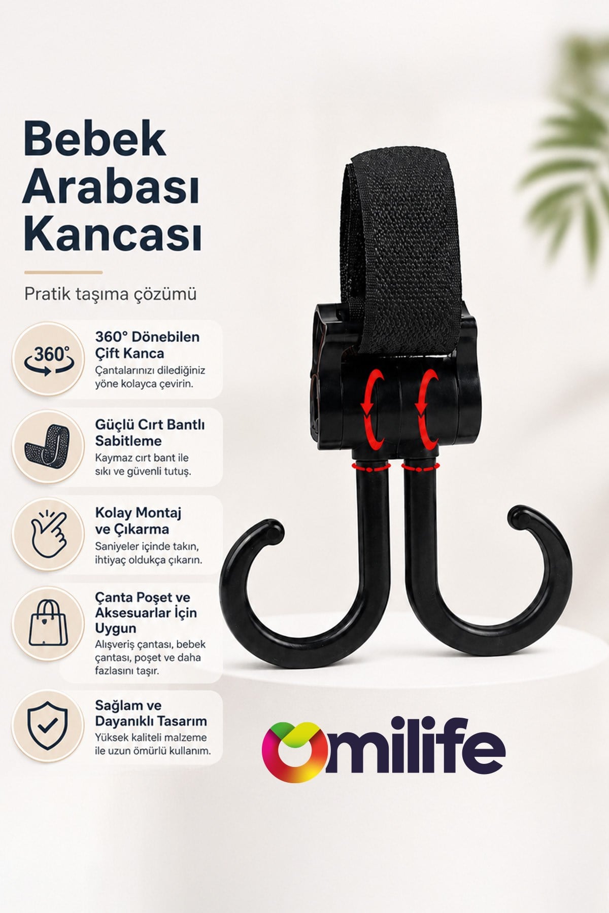 Ayarlanabilir ve Çıkarılabilir Taşıma Kancası - Bebek Arabası, Bisiklet ve Alışveriş İçin, 2'li Set