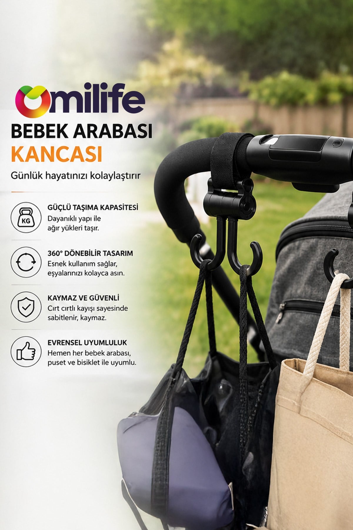 Ayarlanabilir ve Çıkarılabilir Taşıma Kancası - Bebek Arabası, Bisiklet ve Alışveriş İçin, 2'li Set