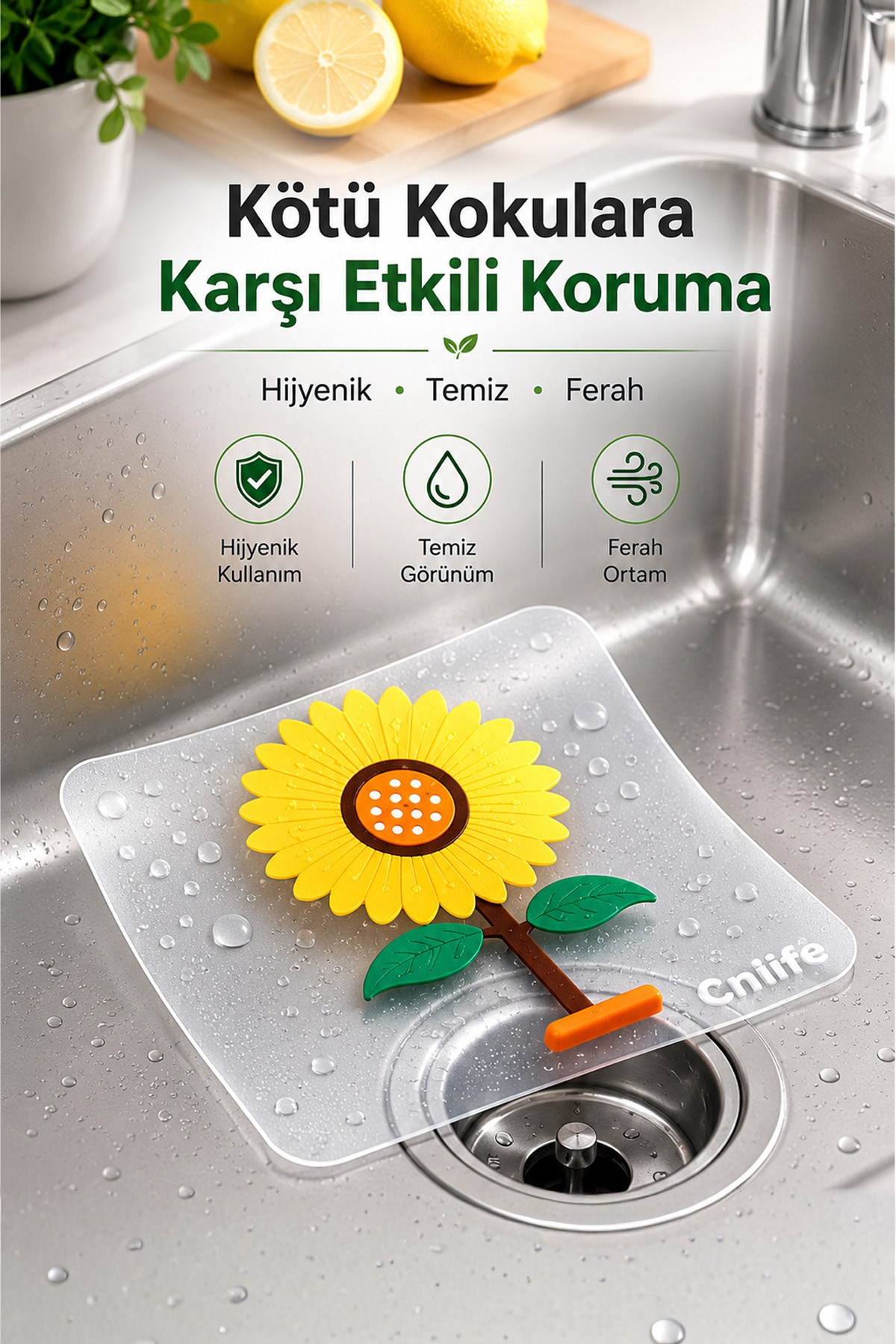 Ayçiçeği Kare Silikon Kötü Koku Önleyici Gider Kapağı – Banyo, Mutfak, Balkon Lavabo Tıpası 14,5x14,5 cm