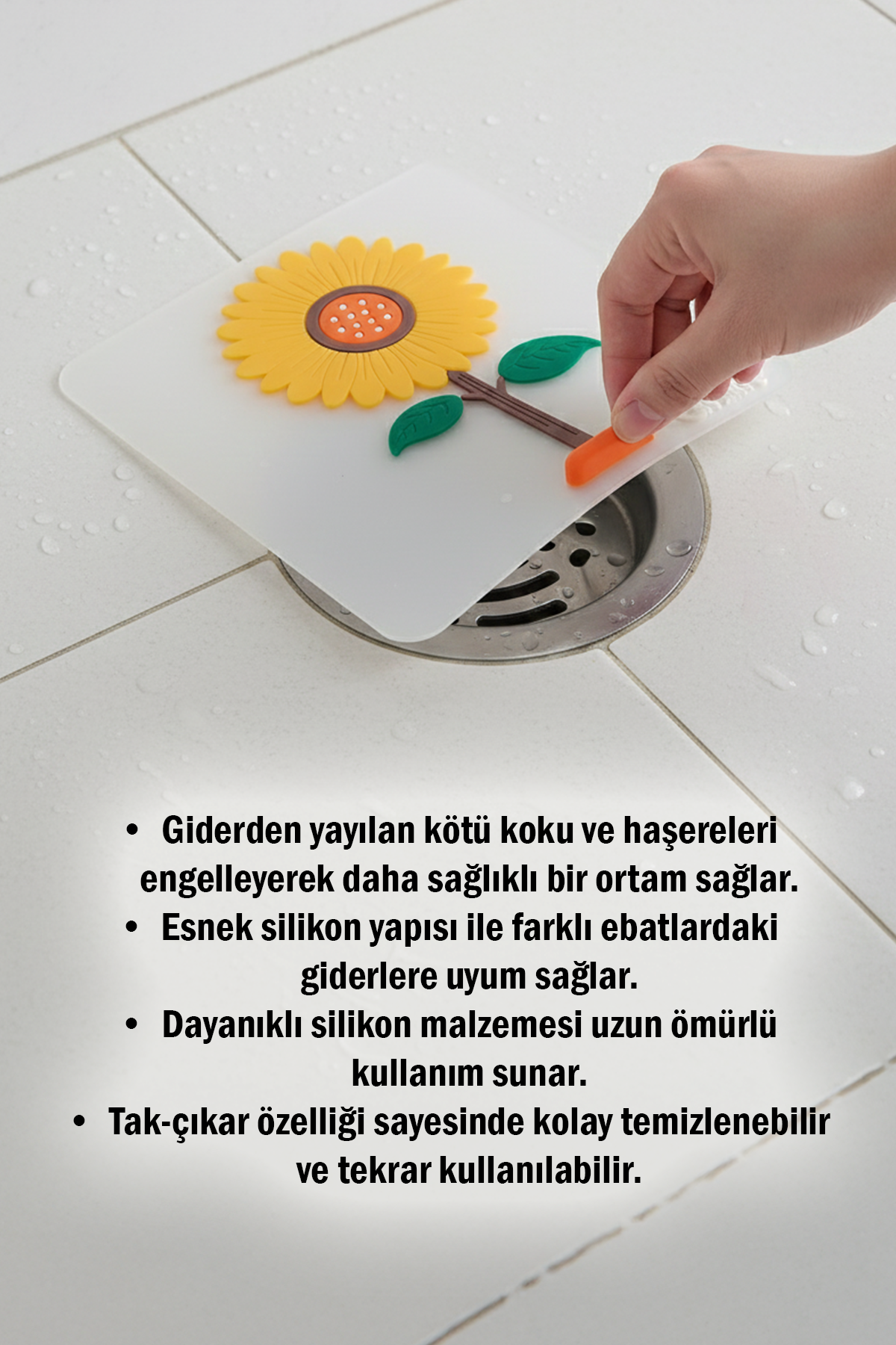 Ayçiçeği Kare Silikon Kötü Koku Önleyici Gider Kapağı – Banyo, Mutfak, Balkon Lavabo Tıpası 14,5x14,5 cm