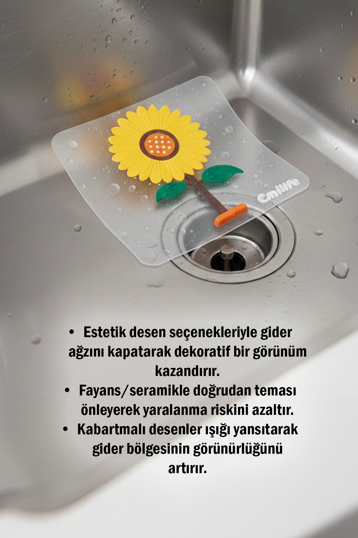 Ayçiçeği Kare Silikon Kötü Koku Önleyici Gider Kapağı – Banyo, Mutfak, Balkon Lavabo Tıpası 14,5x14,5 cm