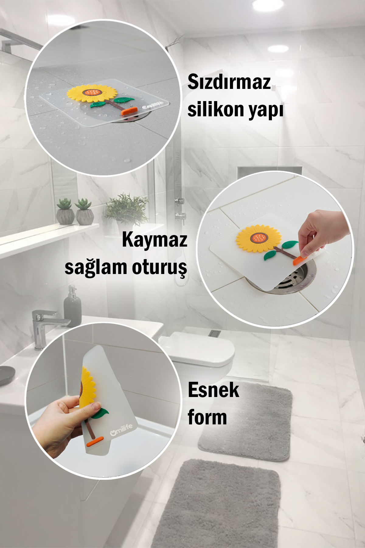 Ayçiçeği Kare Silikon Kötü Koku Önleyici Gider Kapağı – Banyo, Mutfak, Balkon Lavabo Tıpası 14,5x14,5 cm