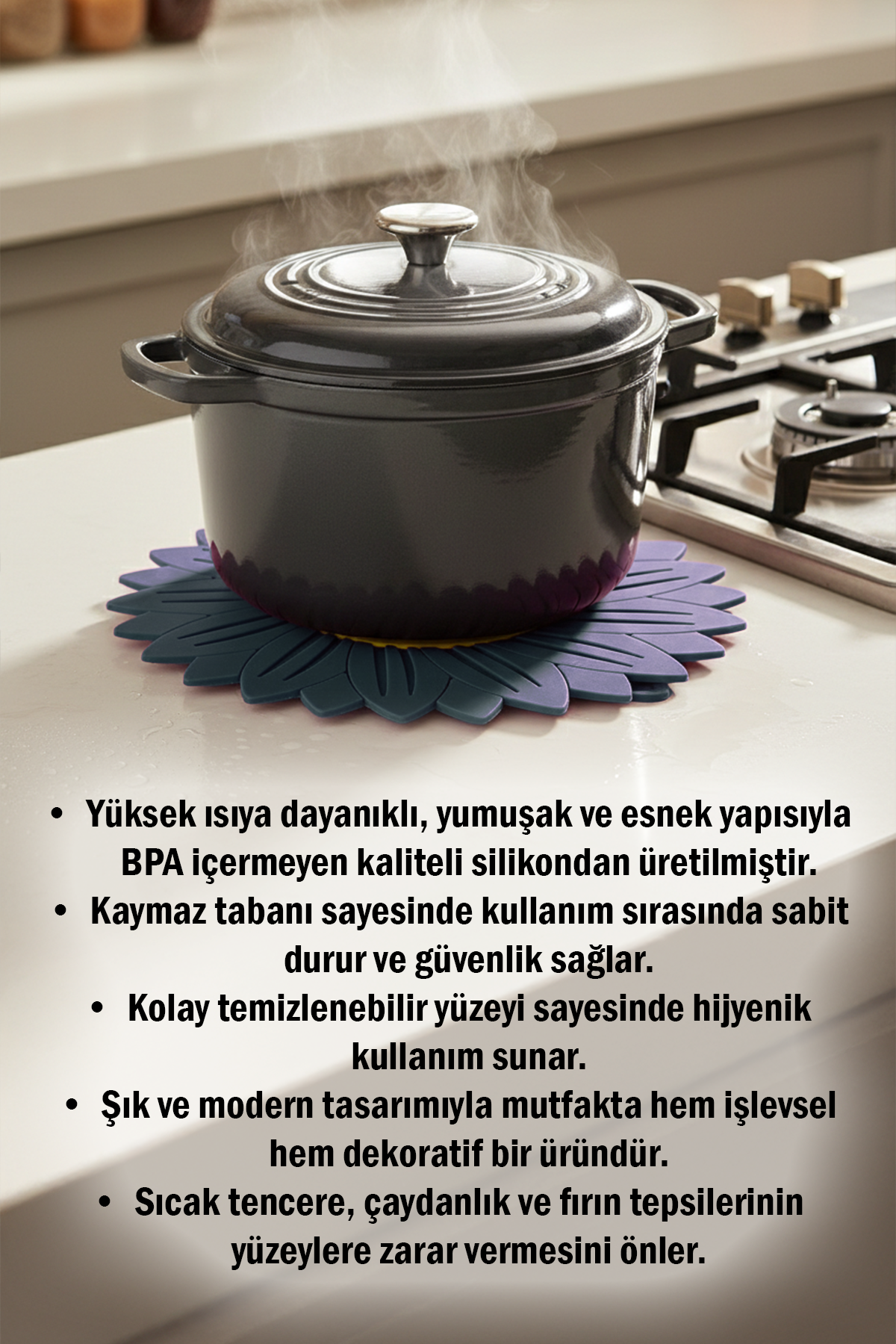 Ayçiçeği Model Kaymaz Silikon Nihale – Tencere, Tava, Çaydanlık ve Servis Altlığı 18,5 x 18,5 cm